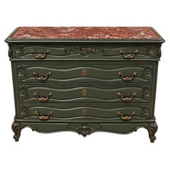 Louis XV Style Chest of Drawers Rocaille – Green Lacquer, Red Marble Top
