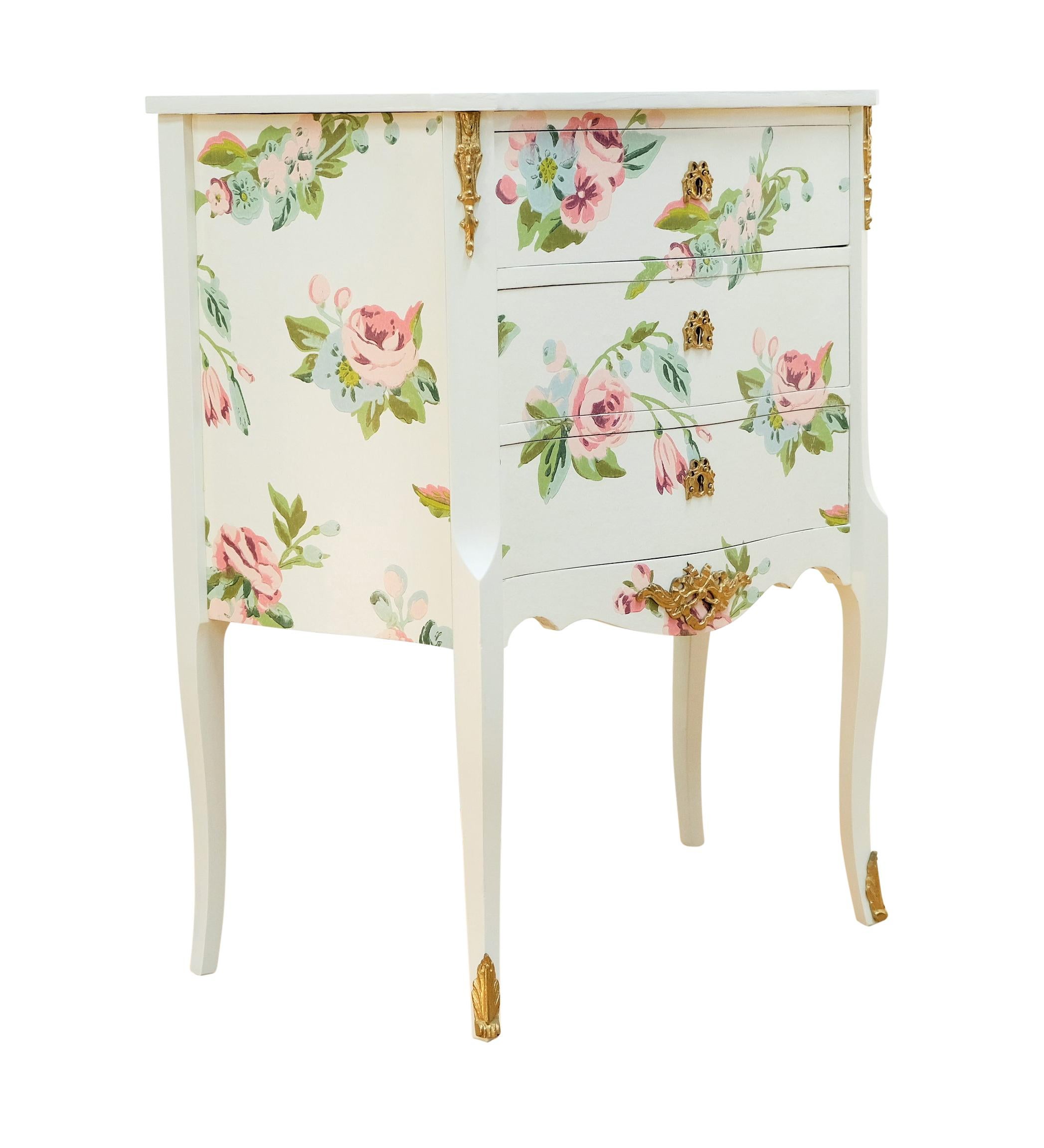 Louis XV Style Chest Three Drawer Chest with Floral Design and  Wooden Top. 

Width:58cm / 22.8