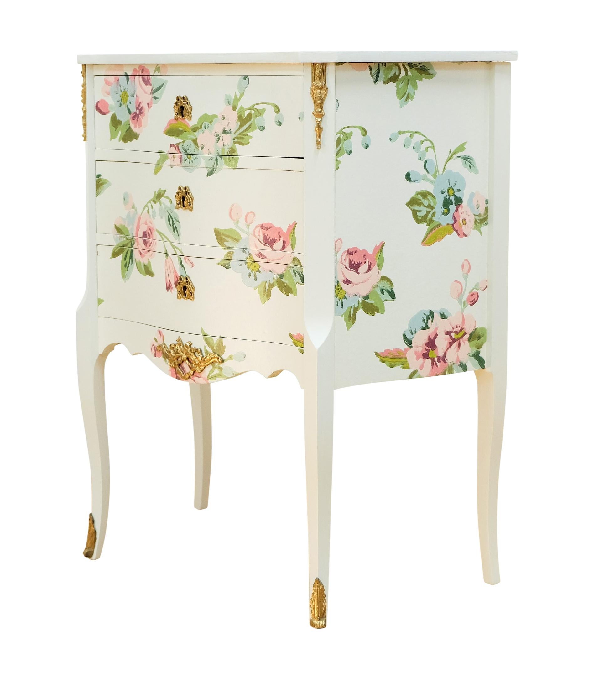 Gustavian Louis XV Style Chest Three Drawer Chest with Floral Design and  Wooden Top For Sale