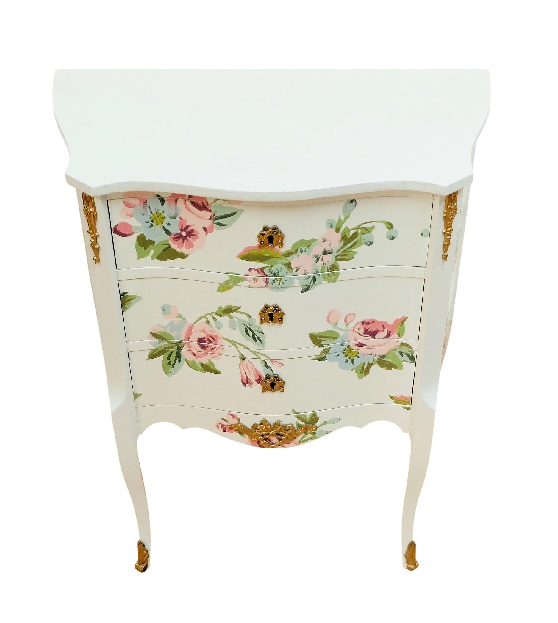 Louis XV Style Chest Three Drawer Chest with Floral Design and  Wooden Top In Good Condition For Sale In Crowthorne, Surrey