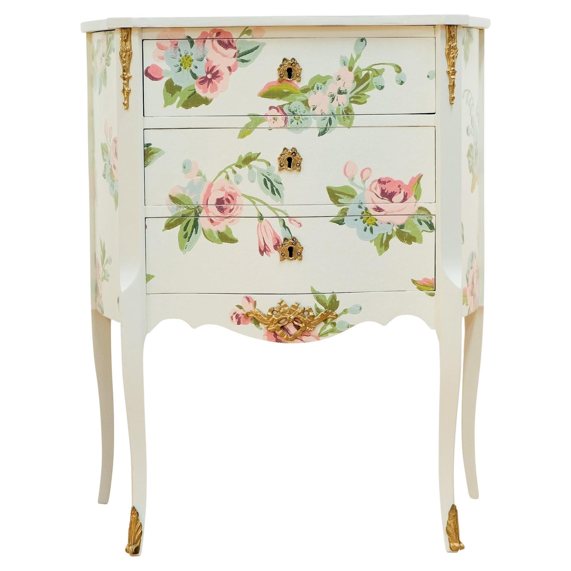 Louis XV Style Chest Three Drawer Chest with Floral Design and  Wooden Top For Sale