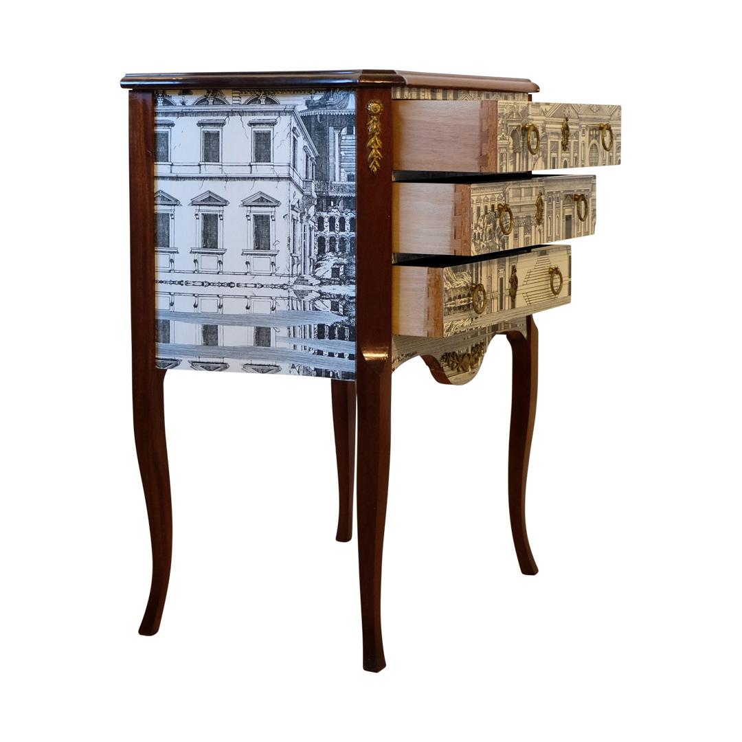 Mid-20th Century Louis XV Style Chest with Fornasetti Pattern of Ancient Rome and Marble Top