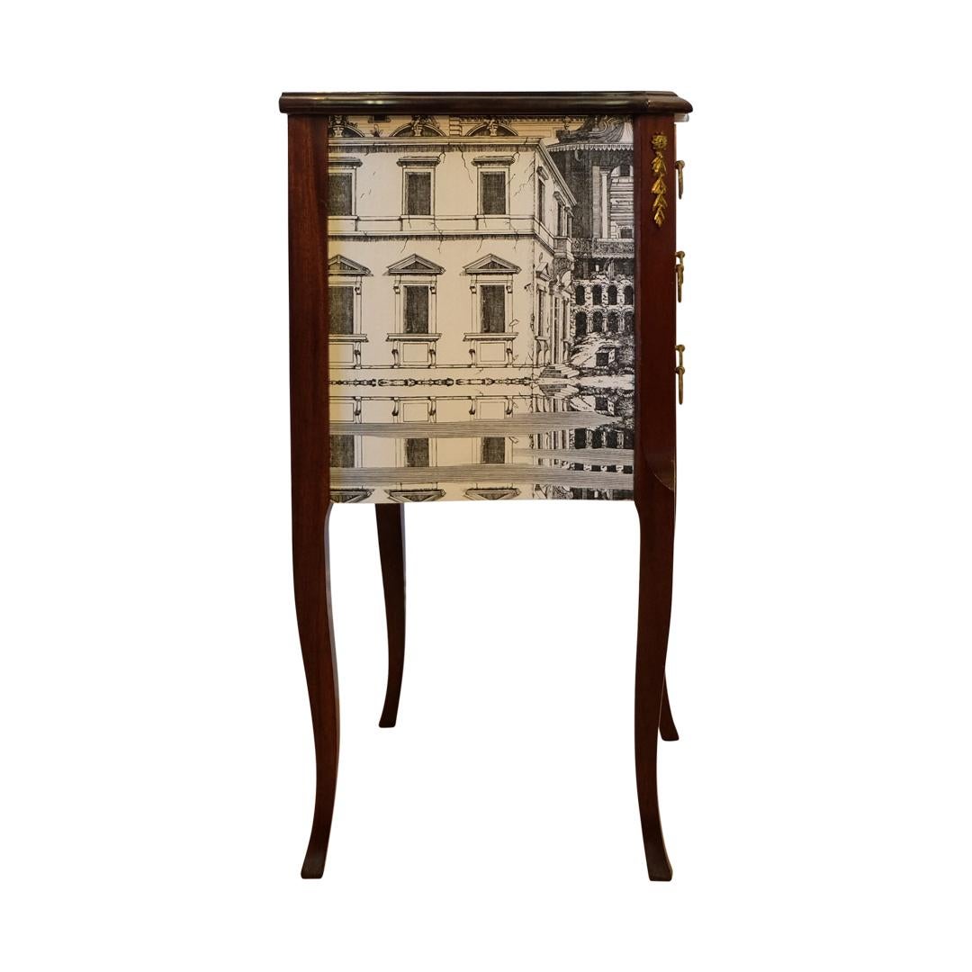 Birch Louis XV Style Chest with Fornasetti Pattern of Ancient Rome and Marble Top