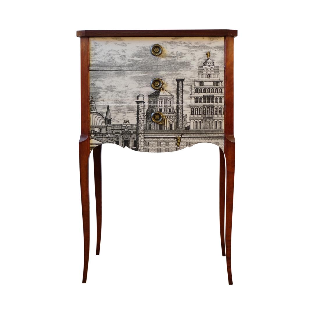 A Louis XV style chest with original brass details, wooden top and handles in birch wood with a Fornasetti pattern of ancient Rome. 
Width: 46cm / 18.1