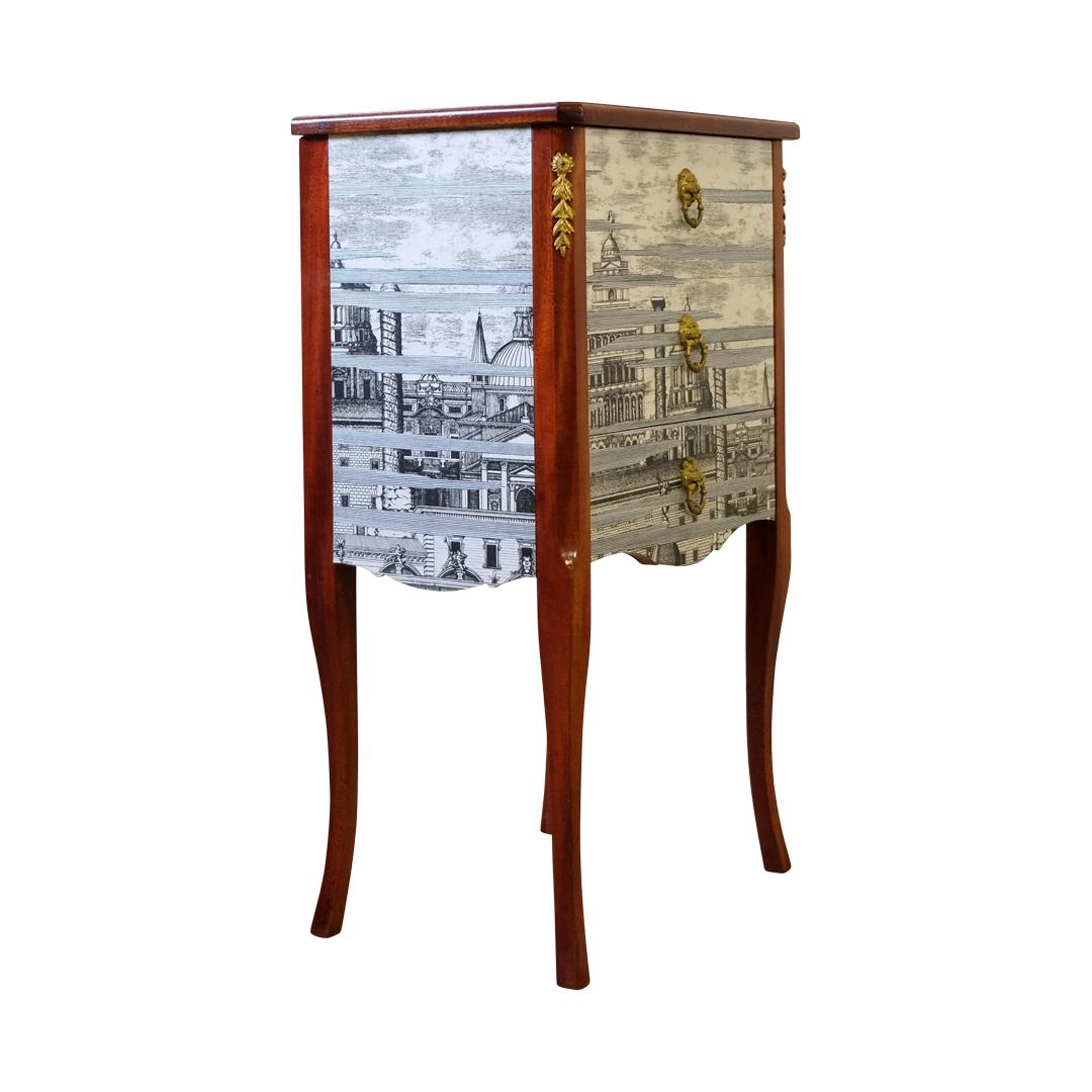 European Louis XV Style Chest with Fornasetti Pattern of Ancient Rome and Wooden Top
