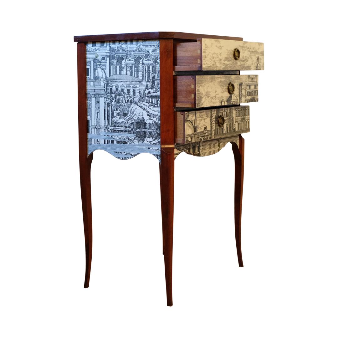 Mid-20th Century Louis XV Style Chest with Fornasetti Pattern of Ancient Rome and Wooden Top