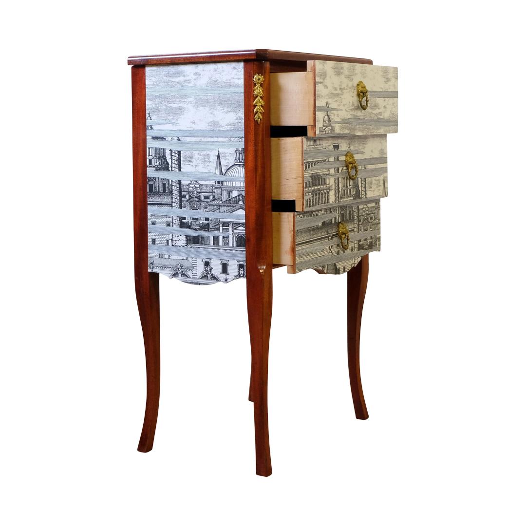 Mid-20th Century Louis XV Style Chest with Fornasetti Pattern of Ancient Rome and Wooden Top