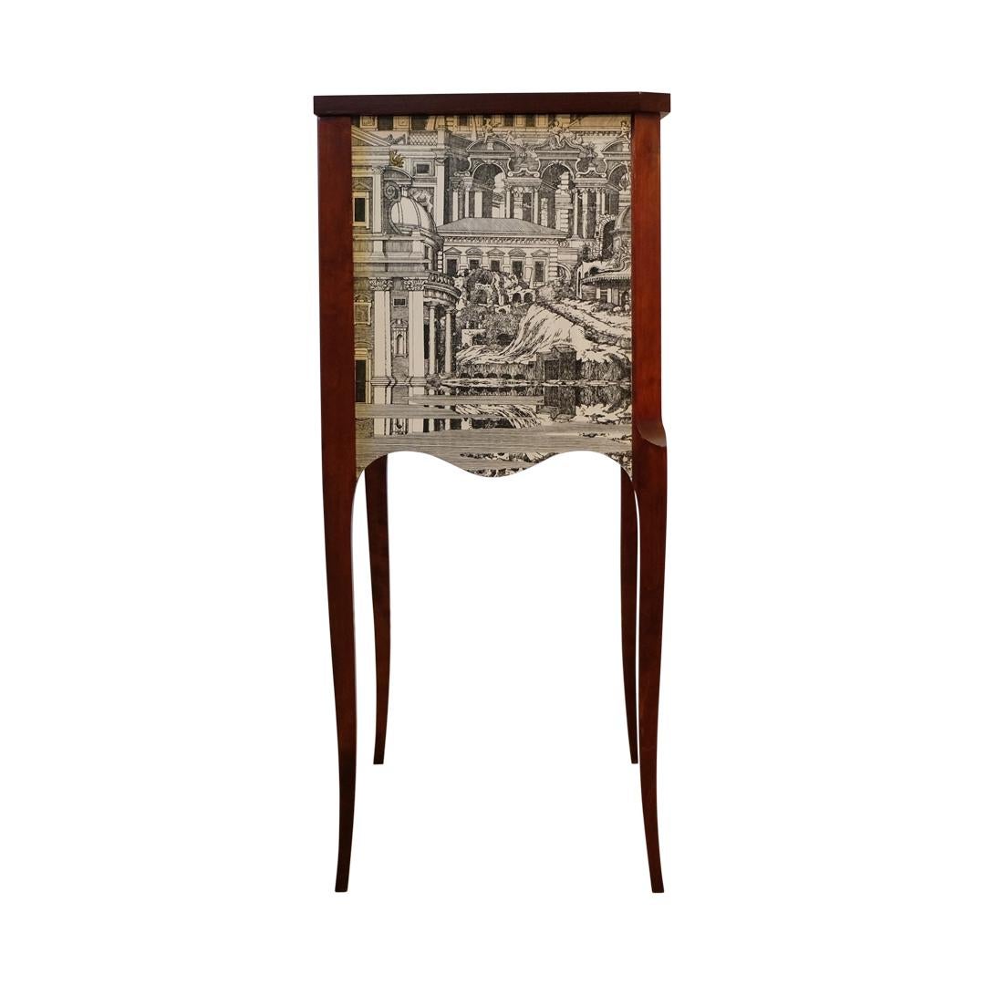 Birch Louis XV Style Chest with Fornasetti Pattern of Ancient Rome and Wooden Top