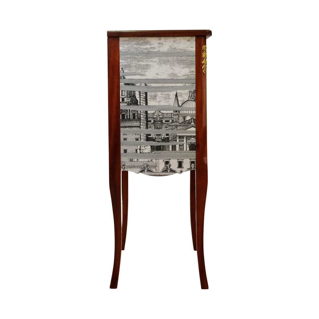 Birch Louis XV Style Chest with Fornasetti Pattern of Ancient Rome and Wooden Top