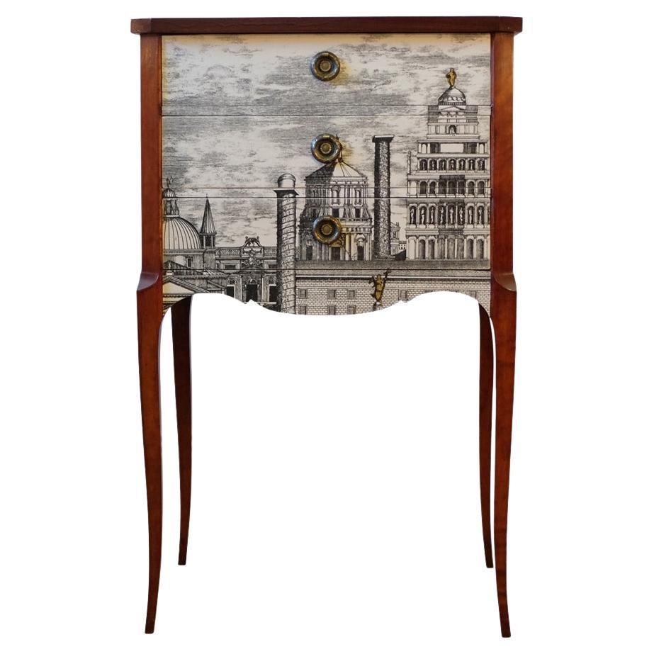 Louis XV Style Chest with Fornasetti Pattern of Ancient Rome and Wooden Top