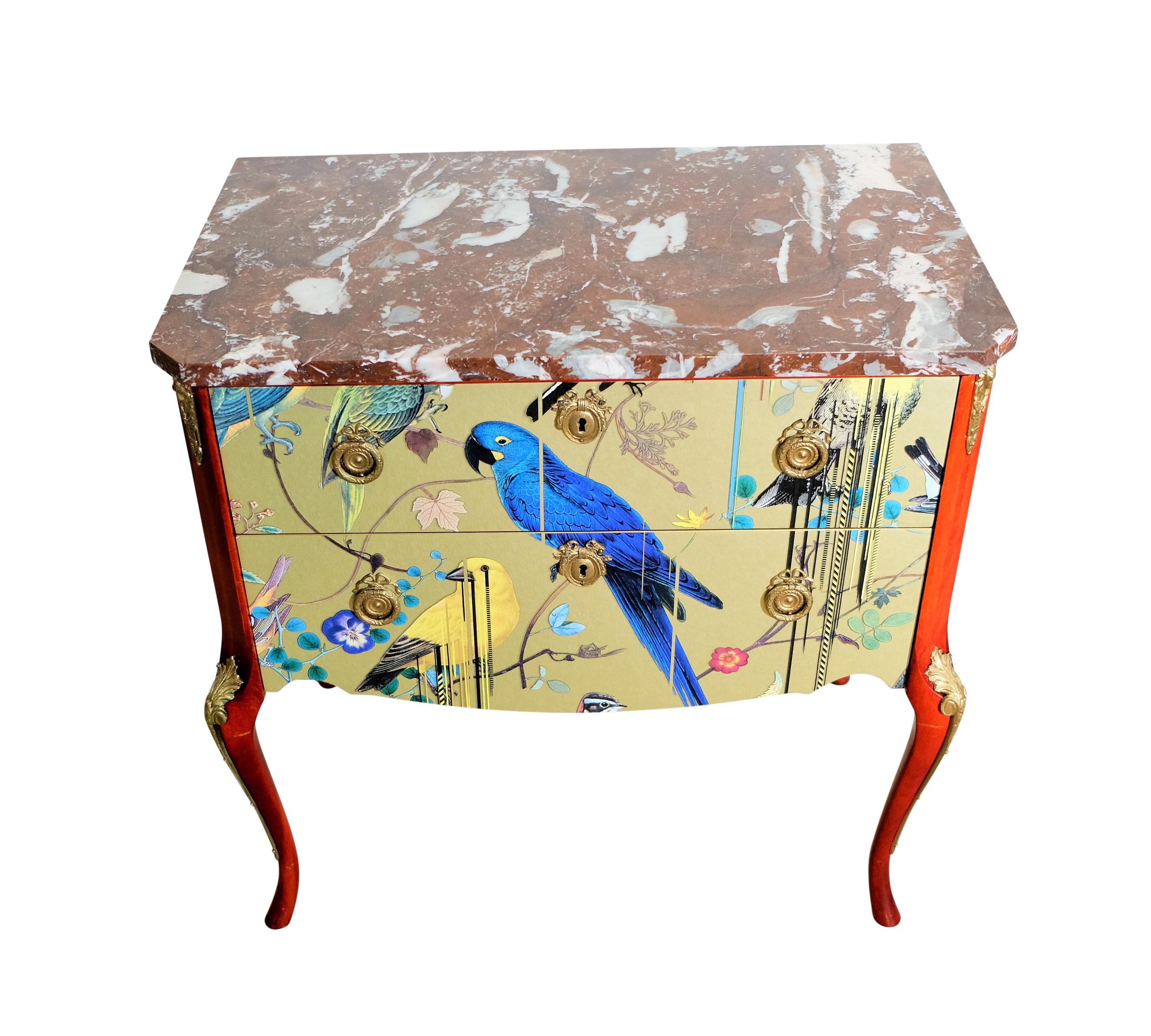 European Louis XV Style Chest with Gold Birds Design and Marble Top For Sale