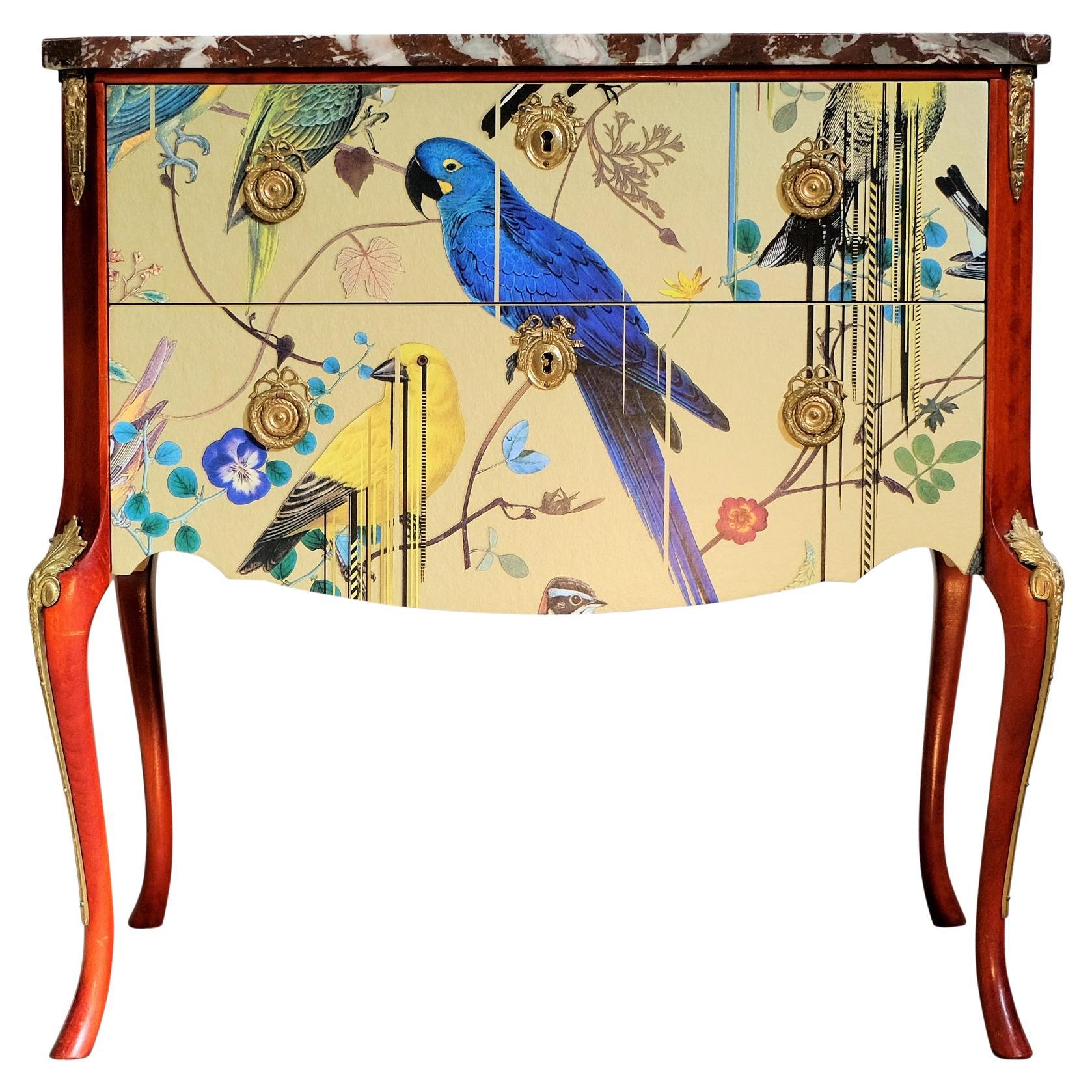 Louis XV Style Chest with Gold Birds Design and Marble Top For Sale