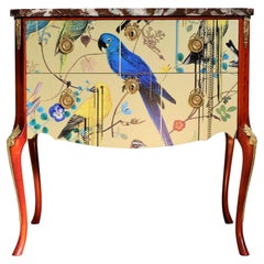 Used Louis XV Style Chest with Gold Birds Design and Marble Top