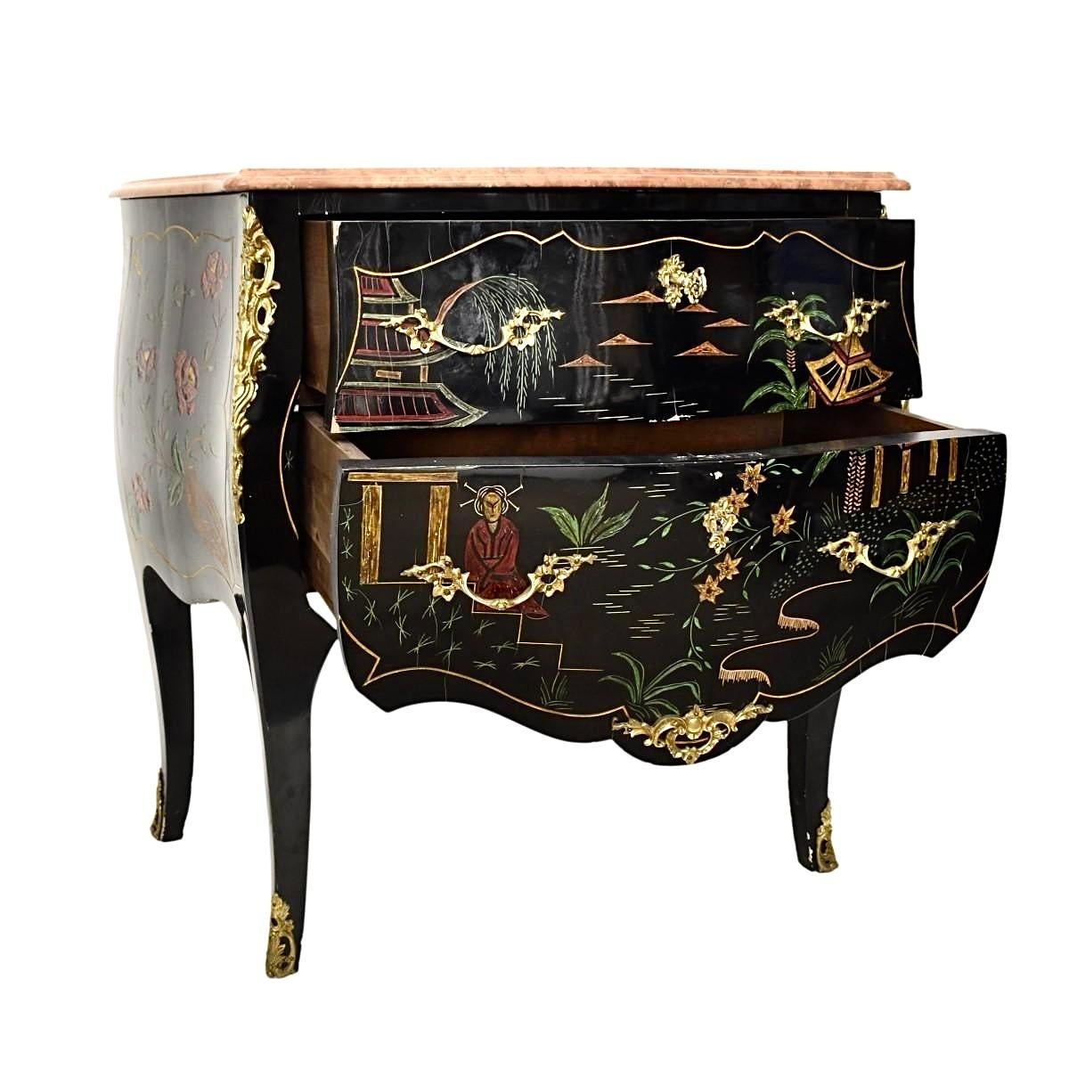 Louis XV Chinoiserie Style Bronze Mounted Marble Top Lacquered Commode. Commode features two locking draws with key. Chest has a serpentine front with cabriole legs and scrolled feet. Marble top has a rouge hue and serves both a functional and