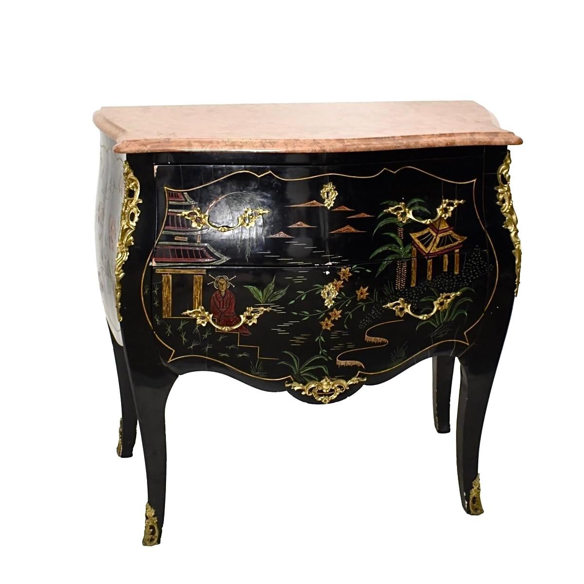 20th Century Louis XV Style Chinoiserie Bronze Mounted Marble Top Commode For Sale
