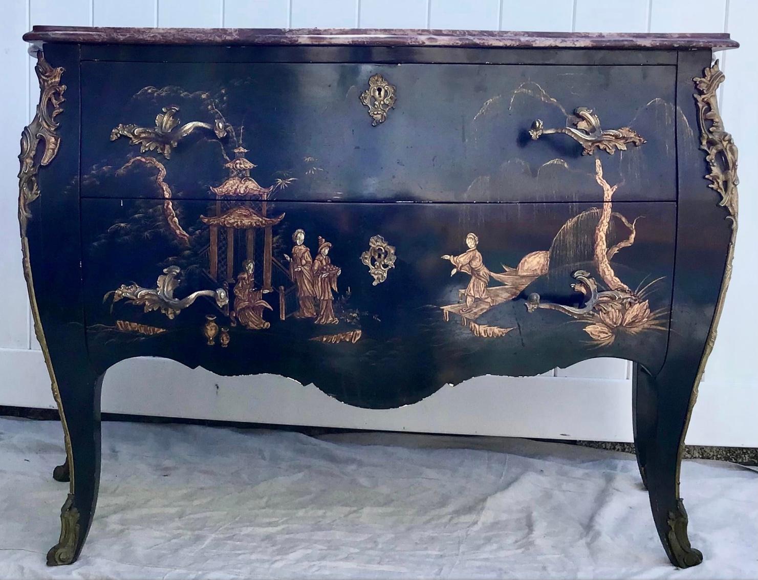 Marble Louis XV Style Chinoiserie Chest of Drawers, Commode