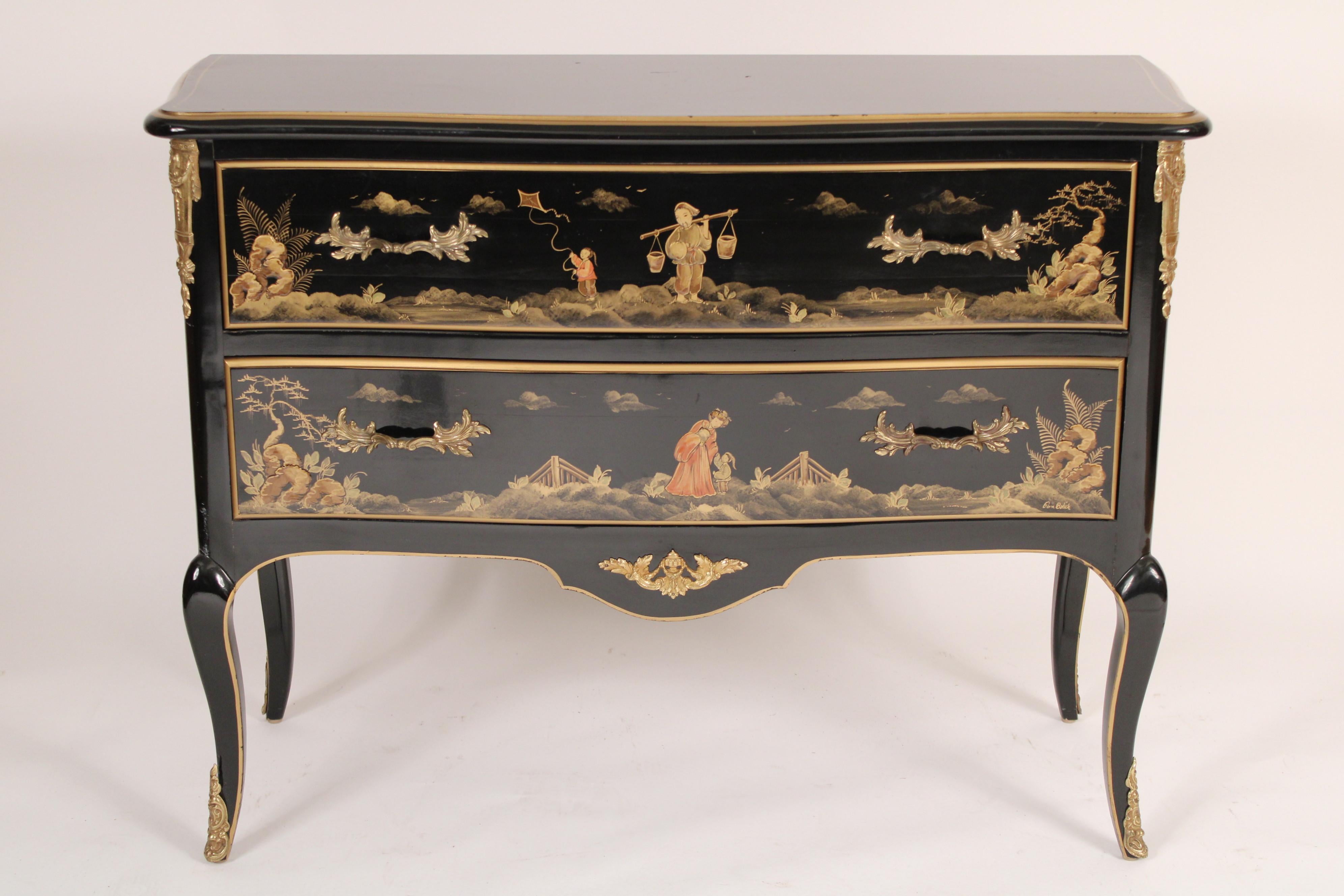 Louis XV style chinoiserie decorated two drawer chest of drawers, circa late 20th century. With a Serpentine shaped overhanging top, two serpentine shaped drawers with raised chinoiserie figures and gilt brass hardware, resting on cabriole legs with