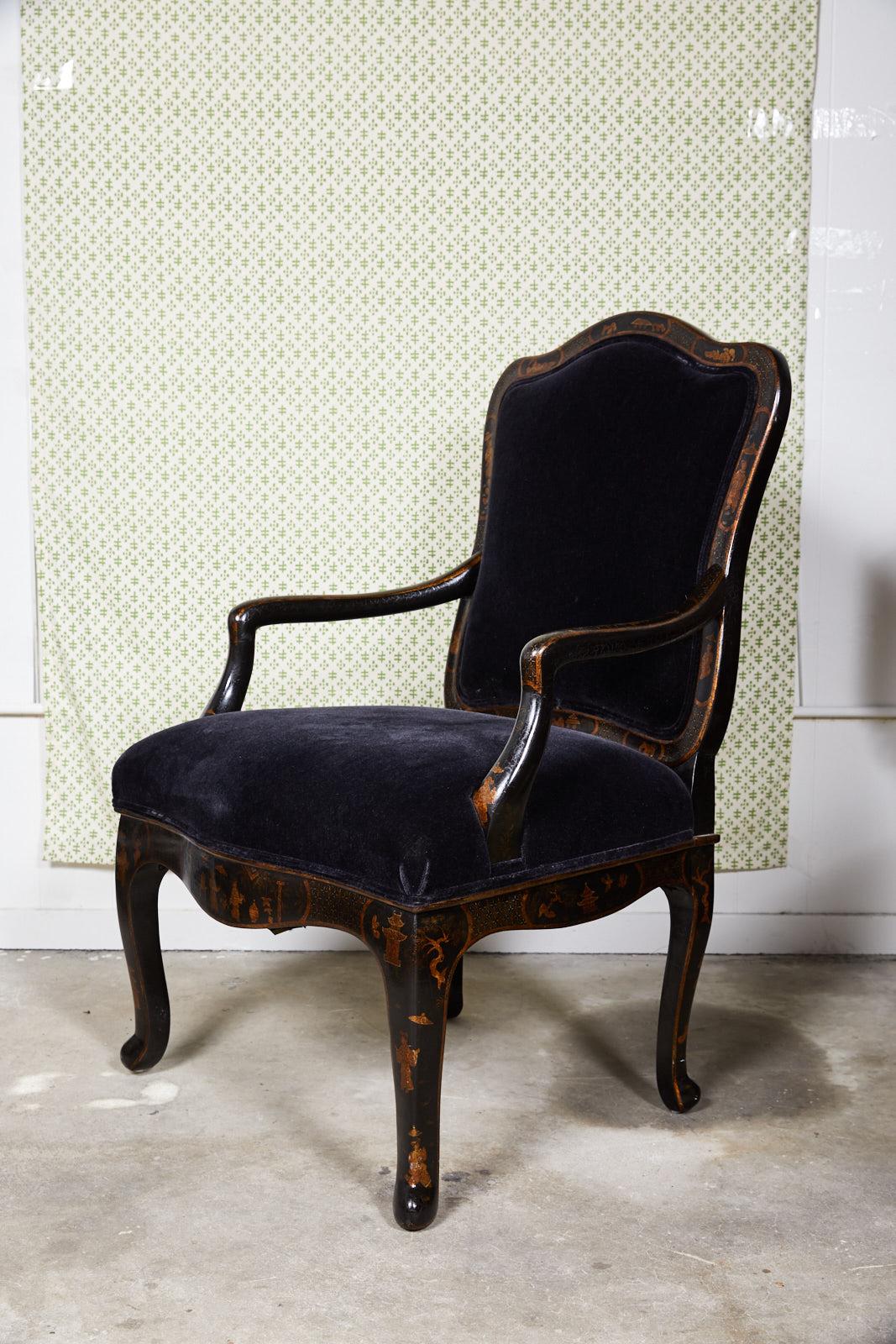 21st century American fauteuil designed in the style of Louis XV by Sally Sirkin Lewis for J Robert Scott. The chair's frame has been ebonized and painted with gilt chinoiserie details on all sides and beautifully upholstered in a jet black velvet.