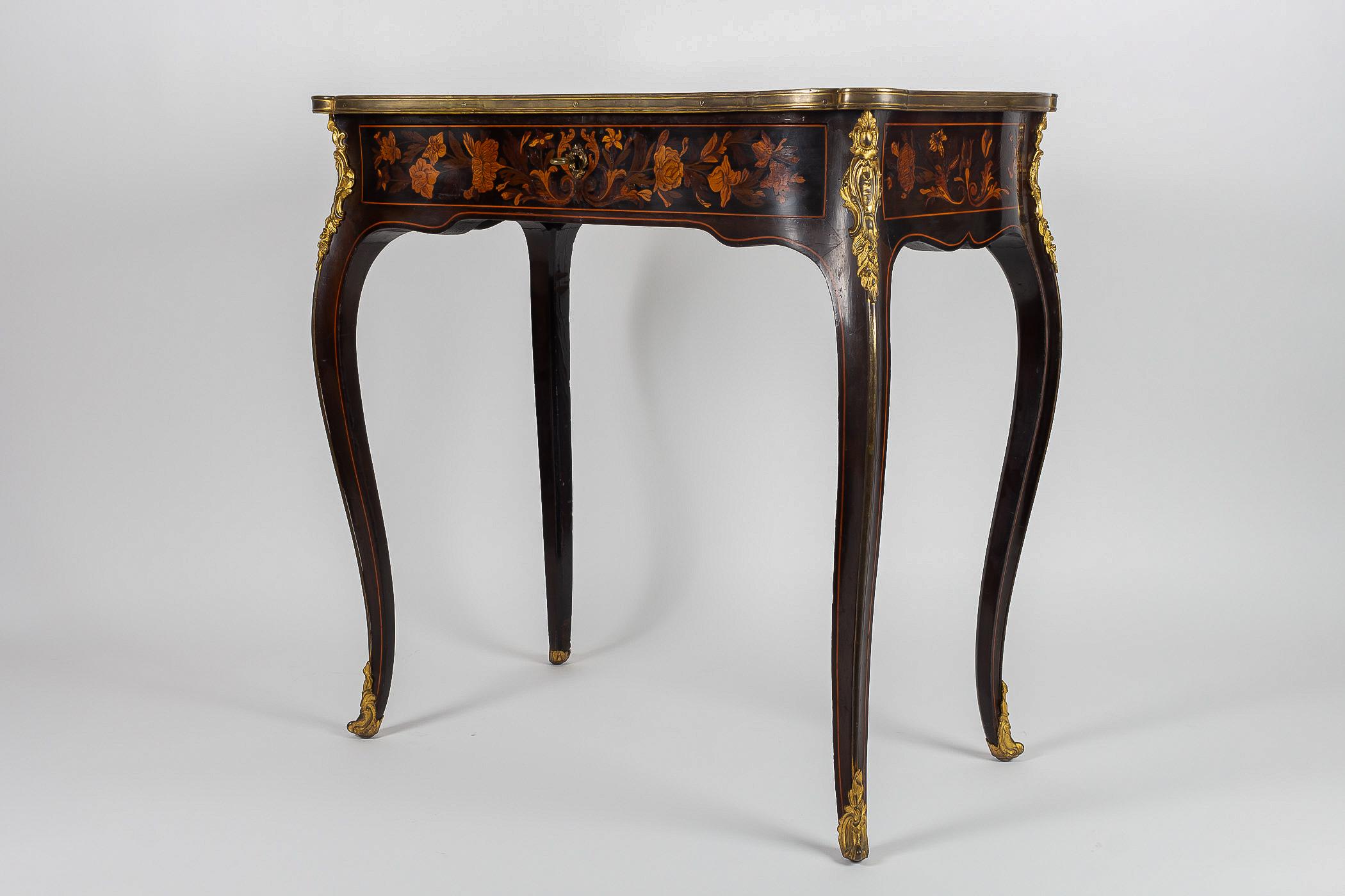 Gilt Louis XV Style Coffee Table with Jasmine Marquetry French Napoleon III Period