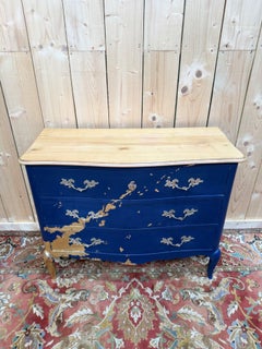 Louis XV Style Commode – Royal Blue Lacquer & Gold Leaf – Unique Model