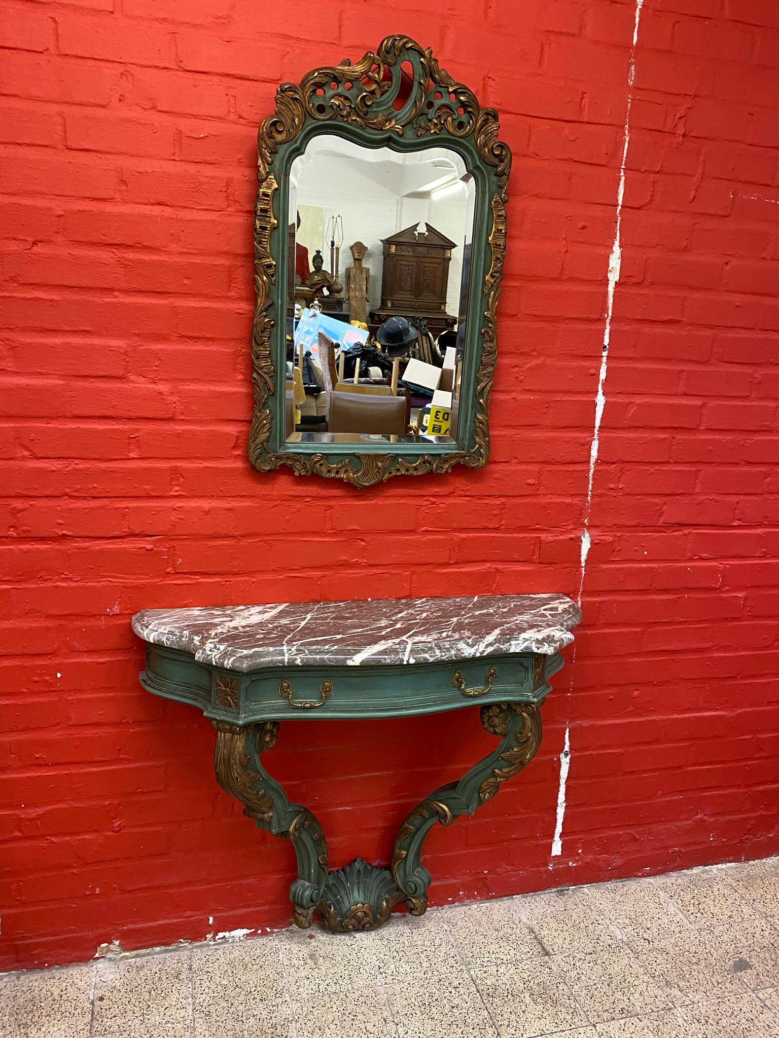 French Louis XV Style Console and Mirror in Patinated Wood, circa 1930 For Sale