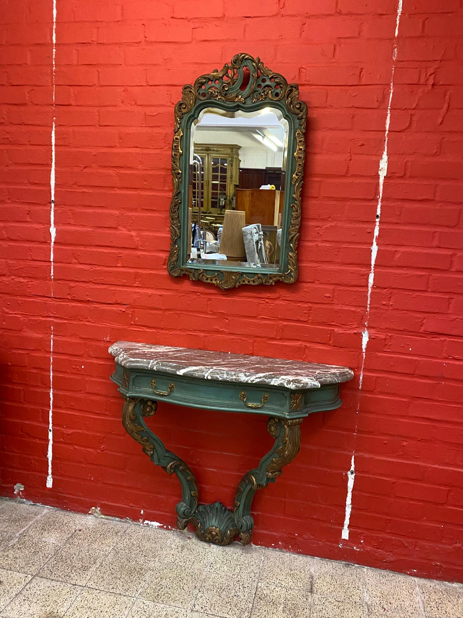 Lacquered Louis XV Style Console and Mirror in Patinated Wood, circa 1930 For Sale