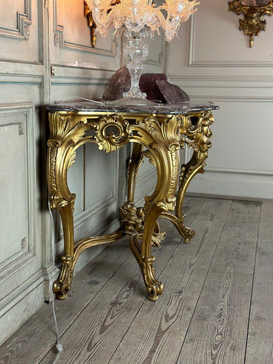 Louis XV style console in gilded and carved wood, restored marble, almost invisible break in its center (see photos)