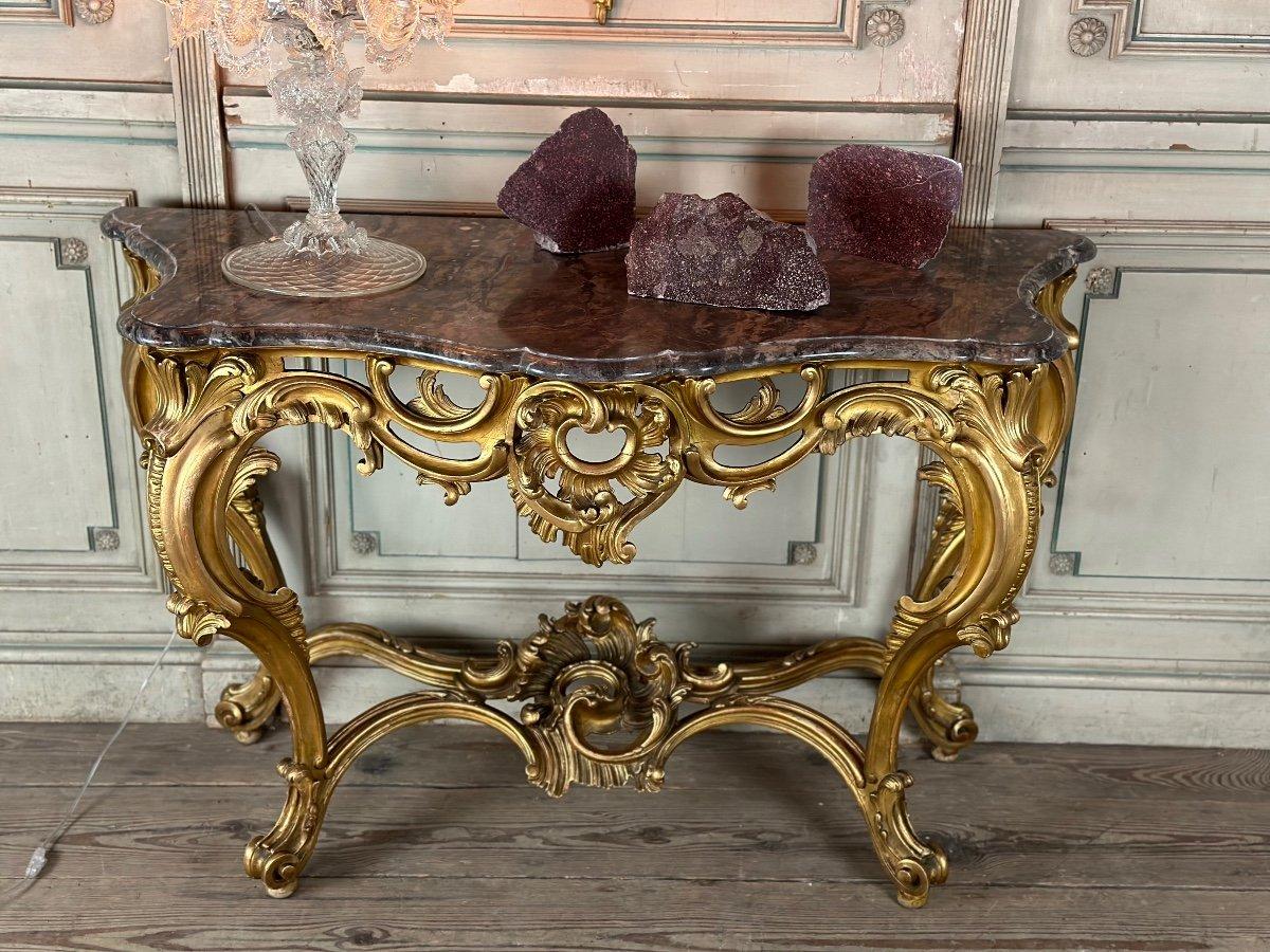 French Louis XV Style Console In Golden Carved Wood, Italy Circa 1880 For Sale