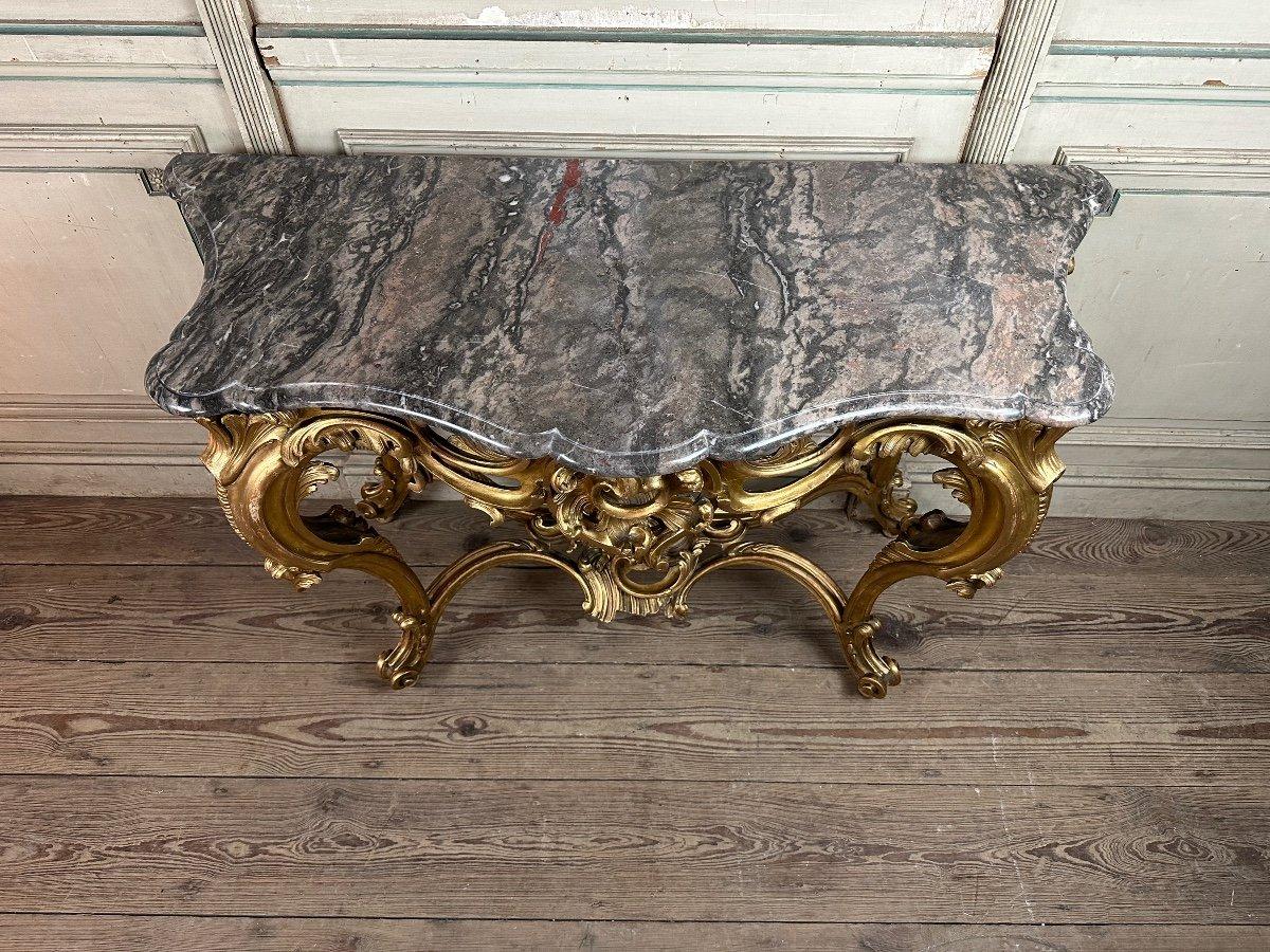 Marble Louis XV Style Console In Golden Carved Wood, Italy Circa 1880 For Sale