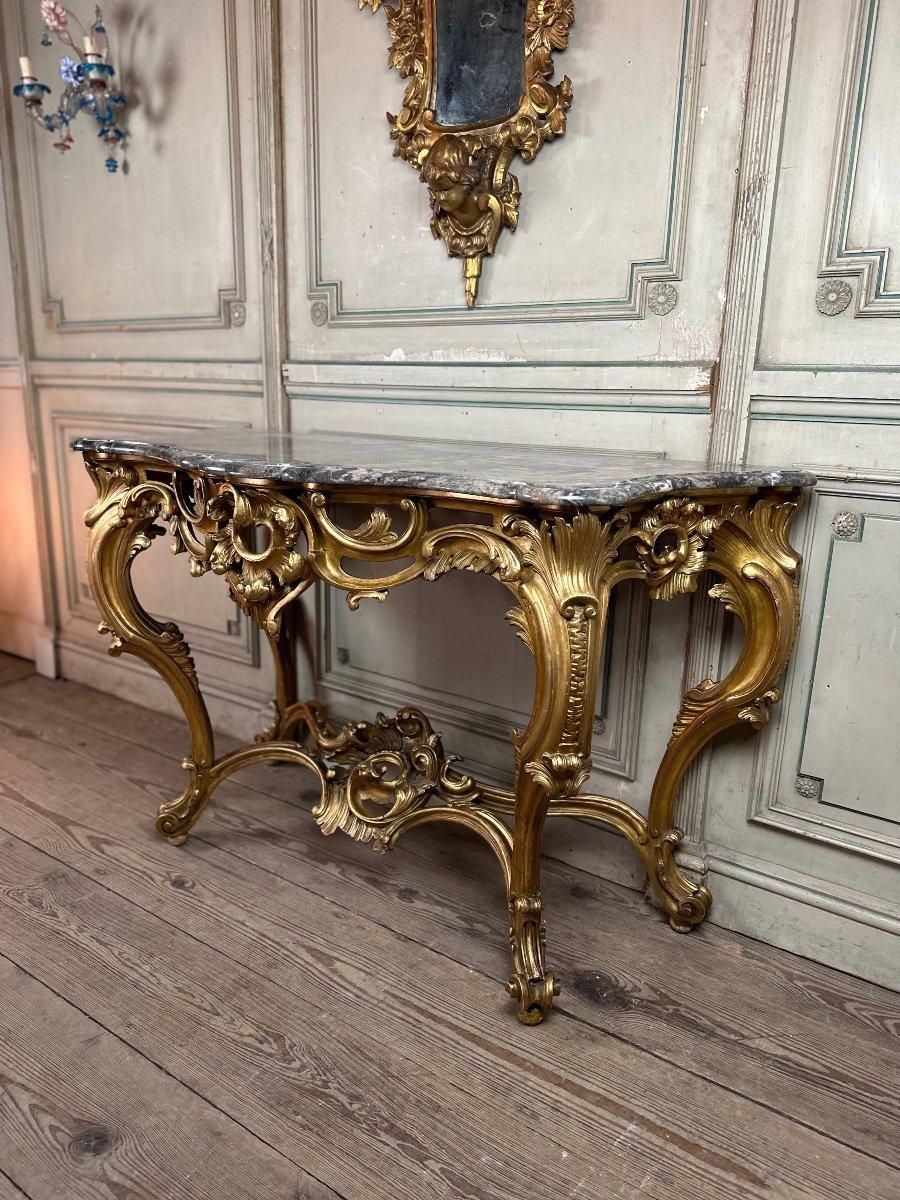 Louis XV Style Console In Golden Carved Wood, Italy Circa 1880 For Sale 1