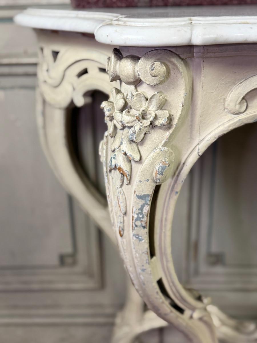 Louis XV style console table with beige patina, Carrara marble, circa 1880 For Sale 1