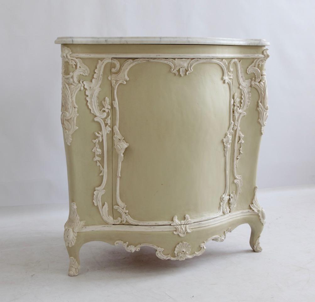 French Louis XV Style Corner Cabinet Made by La Maison London with Carrara Marble Top For Sale