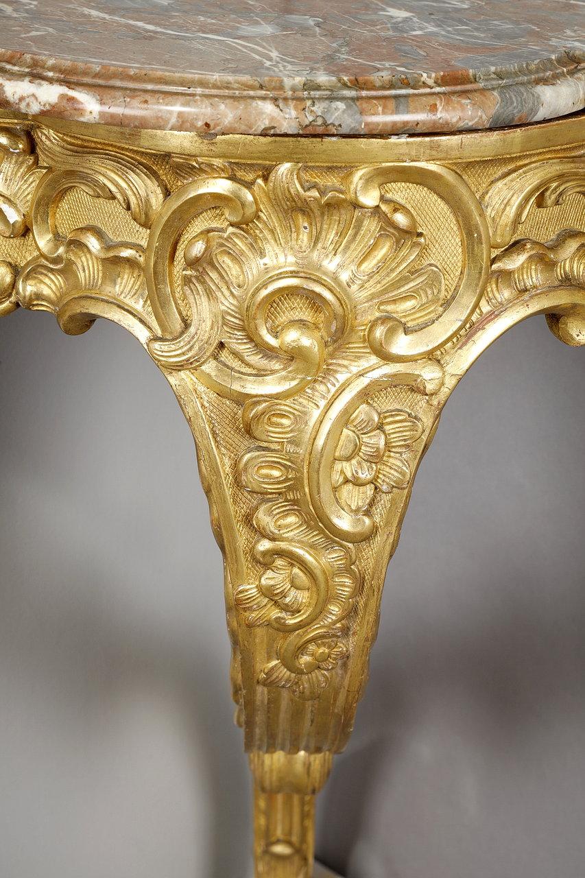 Louis XV style corner console in gilded wood and Breche marble top, 19th century For Sale 5