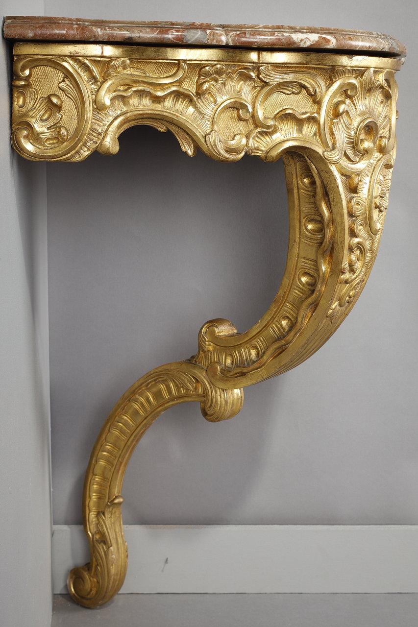 Louis XV style corner console in gilded wood and Breche marble top, 19th century For Sale 6