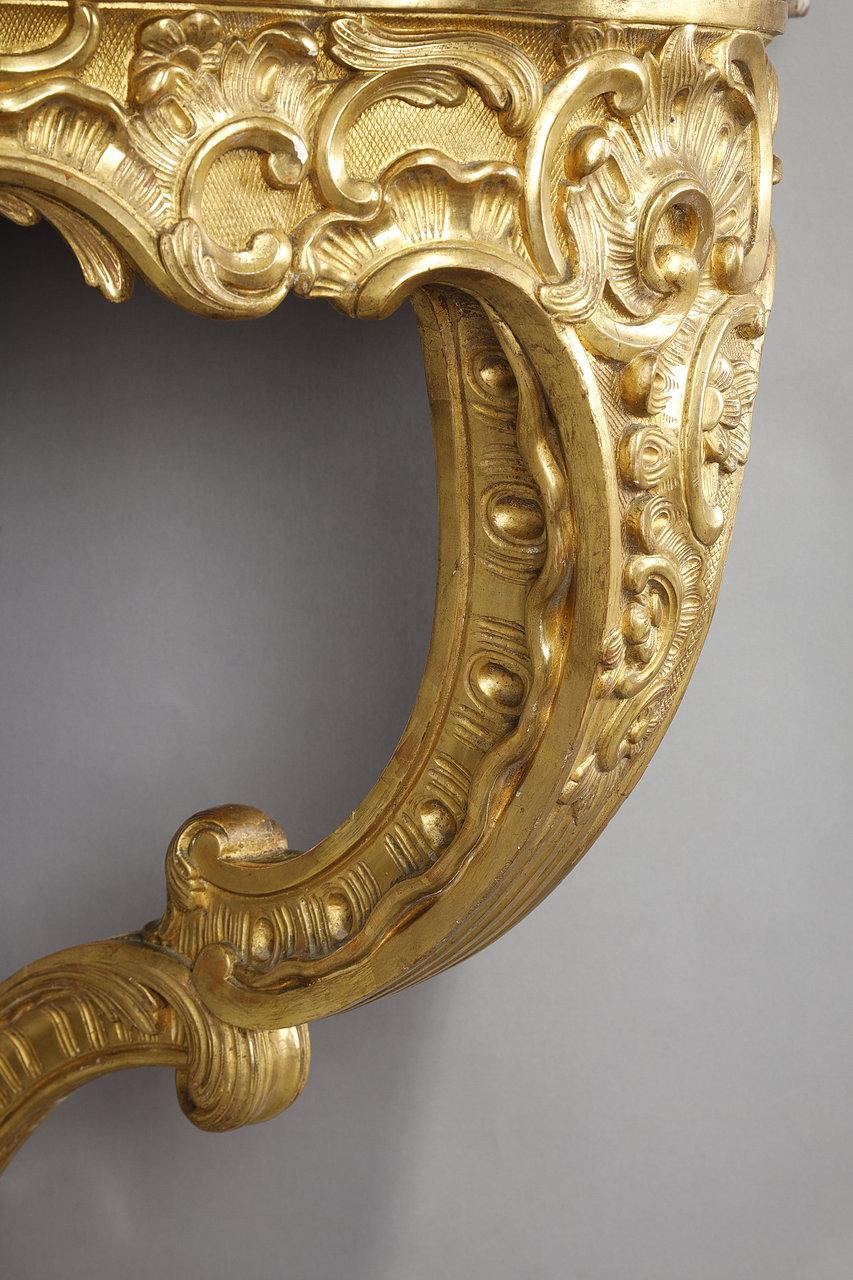 Louis XV style corner console in gilded wood and Breche marble top, 19th century For Sale 8