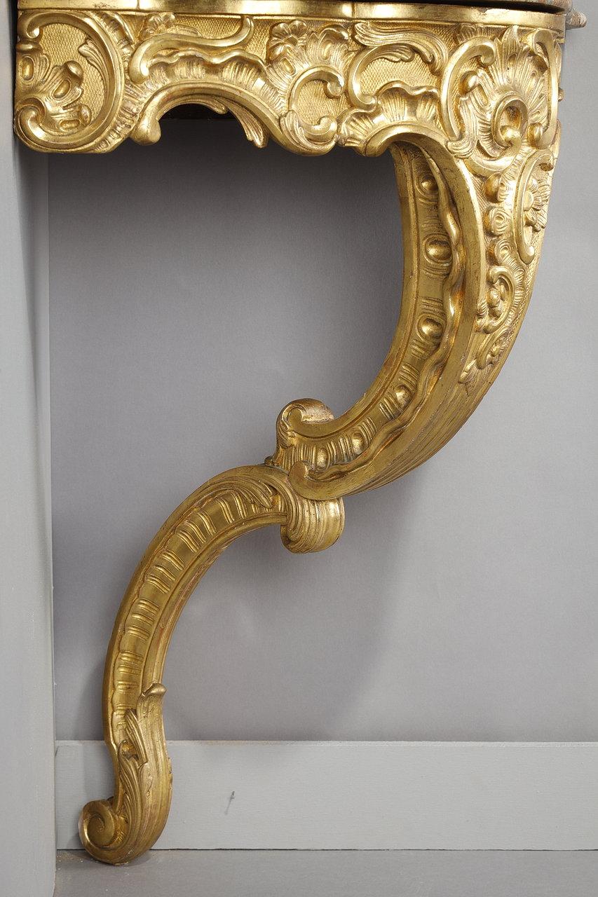 Louis XV style corner console in gilded wood and Breche marble top, 19th century For Sale 9