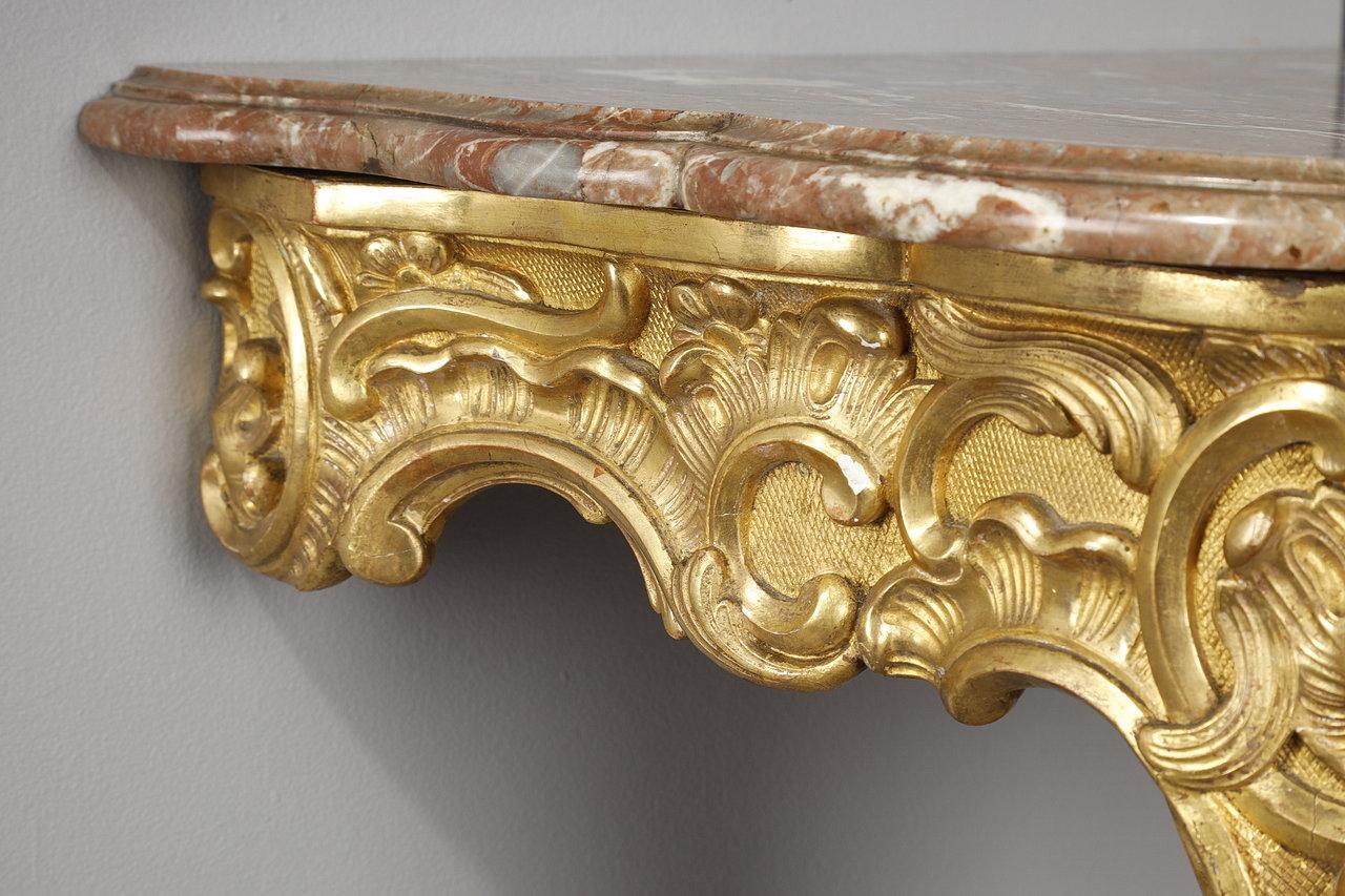 19th Century Louis XV style corner console in gilded wood and Breche marble top, 19th century For Sale