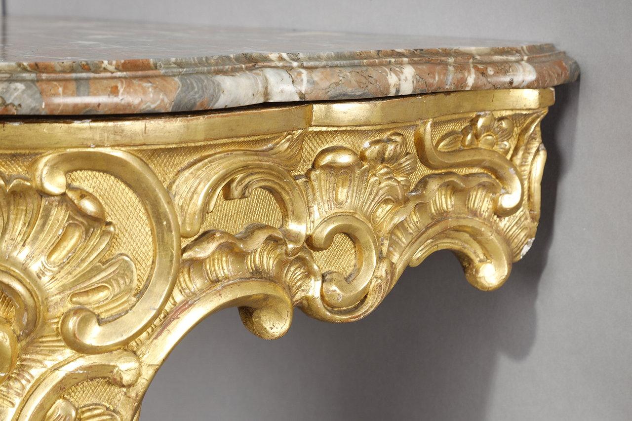 Marble Louis XV style corner console in gilded wood and Breche marble top, 19th century For Sale