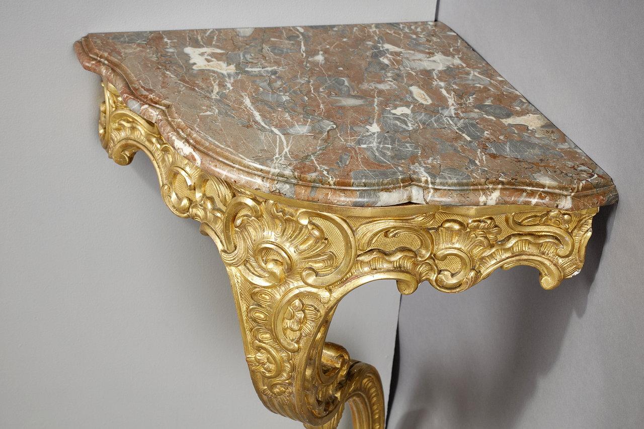Louis XV style corner console in gilded wood and Breche marble top, 19th century For Sale 2