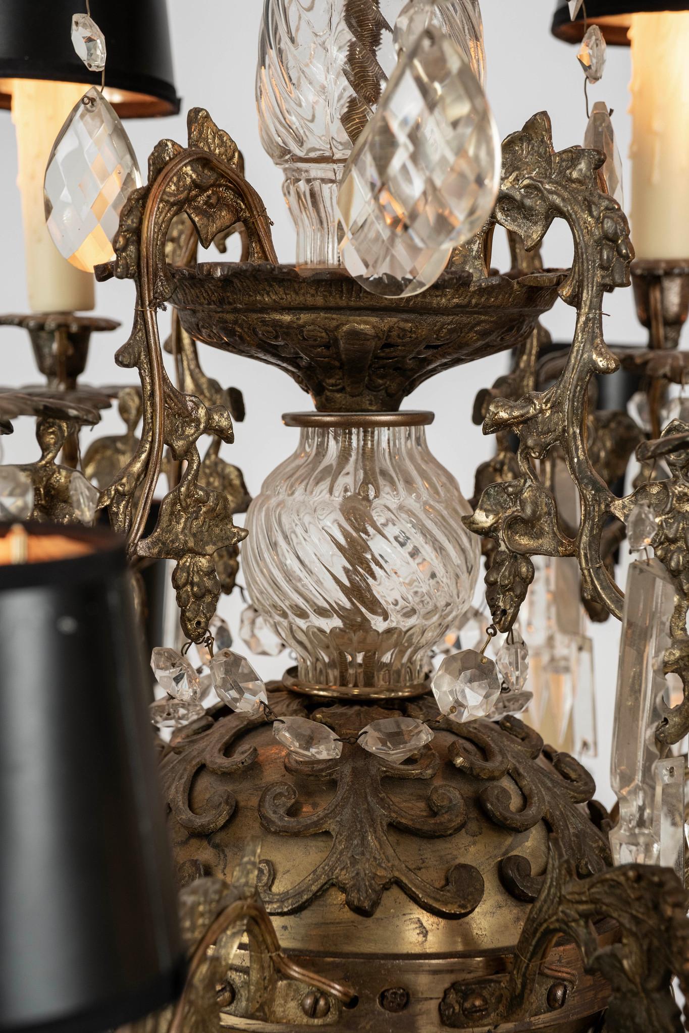 1940s French Louis XV style 12 arm crystal chandelier with black paper shades.