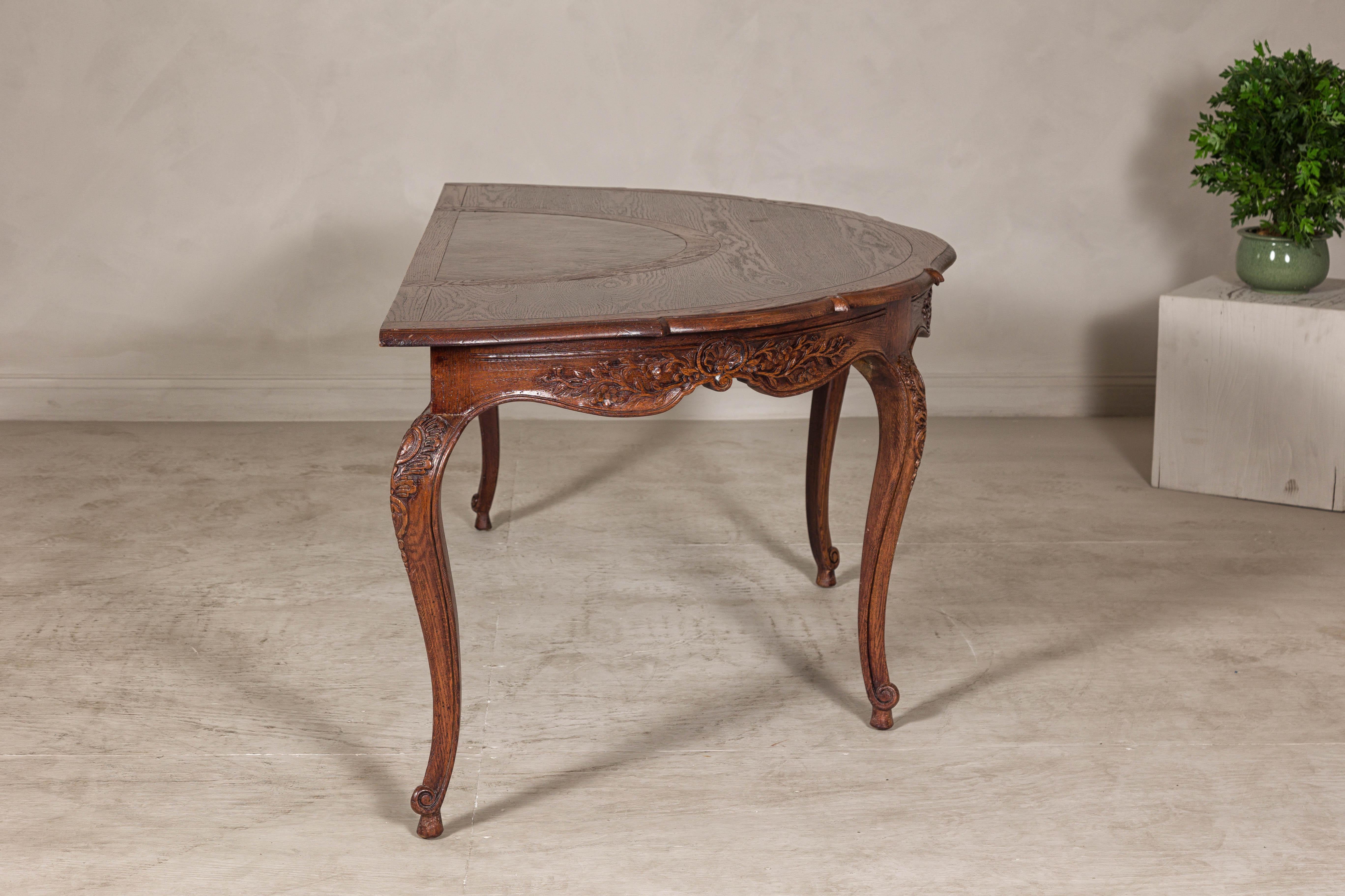 Louis XV-Style Demi-Lune Desk with Carved Legs, Leather Top and Hidden Drawers For Sale 5