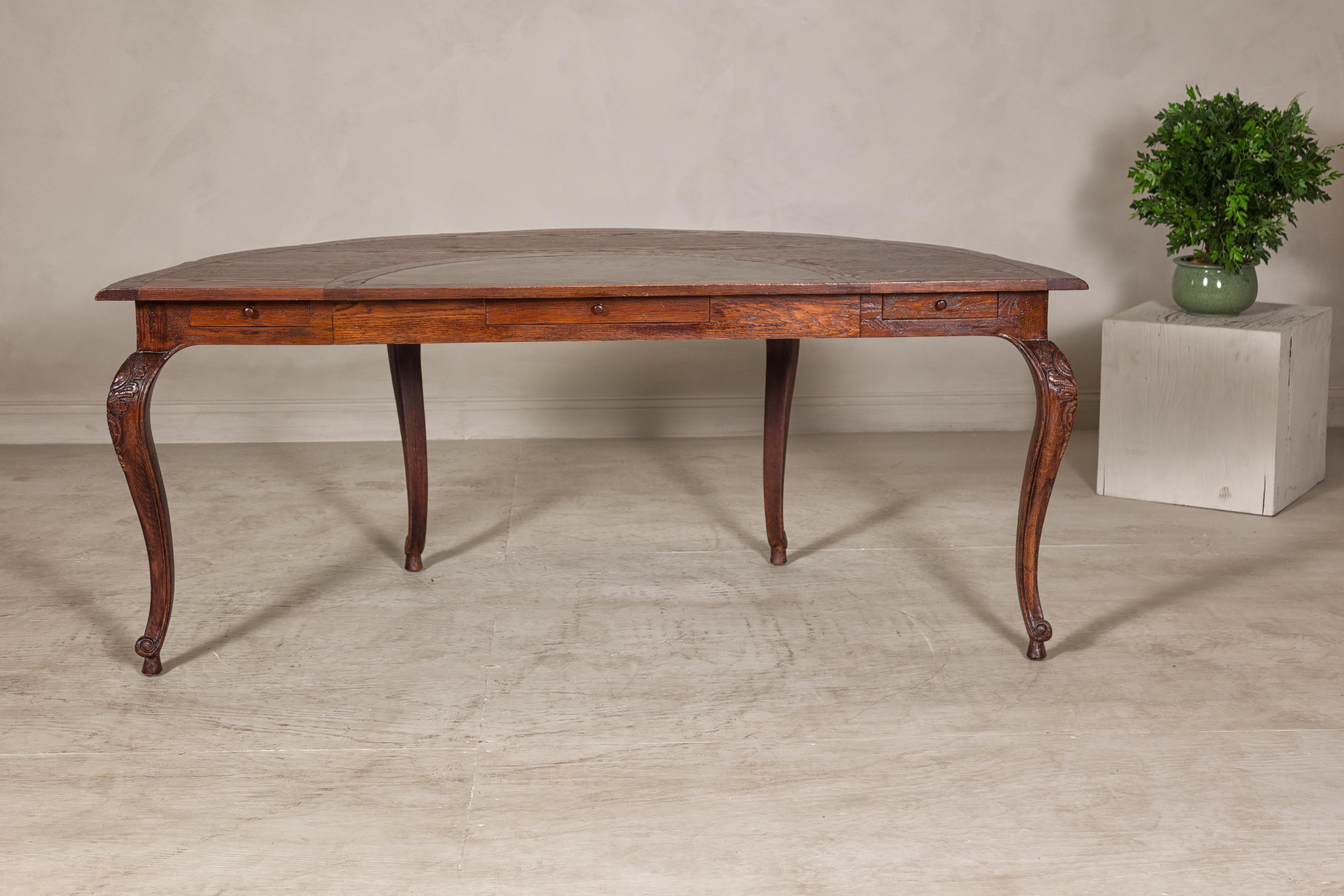 Louis XV-Style Demi-Lune Desk with Carved Legs, Leather Top and Hidden Drawers For Sale 7
