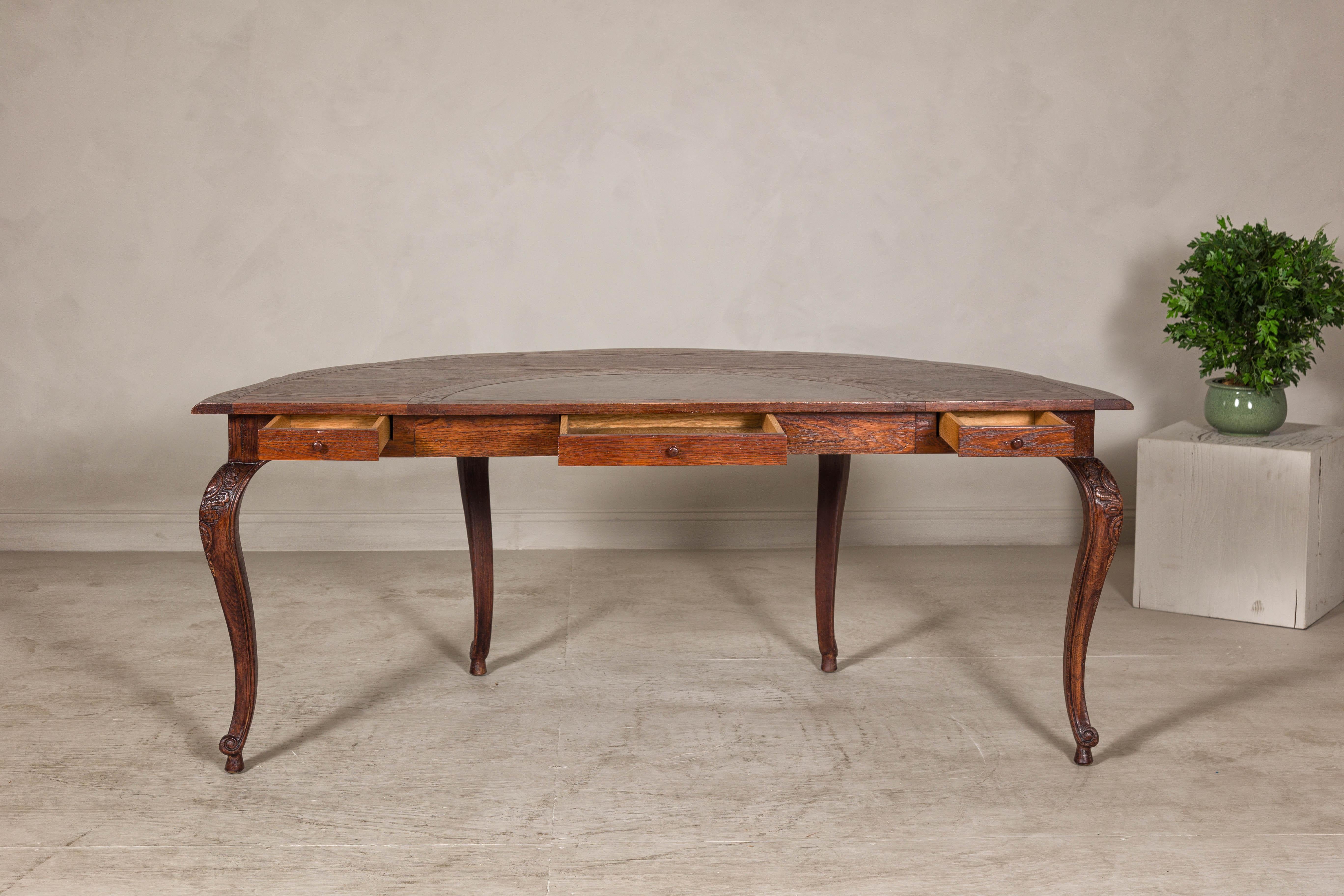 Louis XV-Style Demi-Lune Desk with Carved Legs, Leather Top and Hidden Drawers For Sale 8