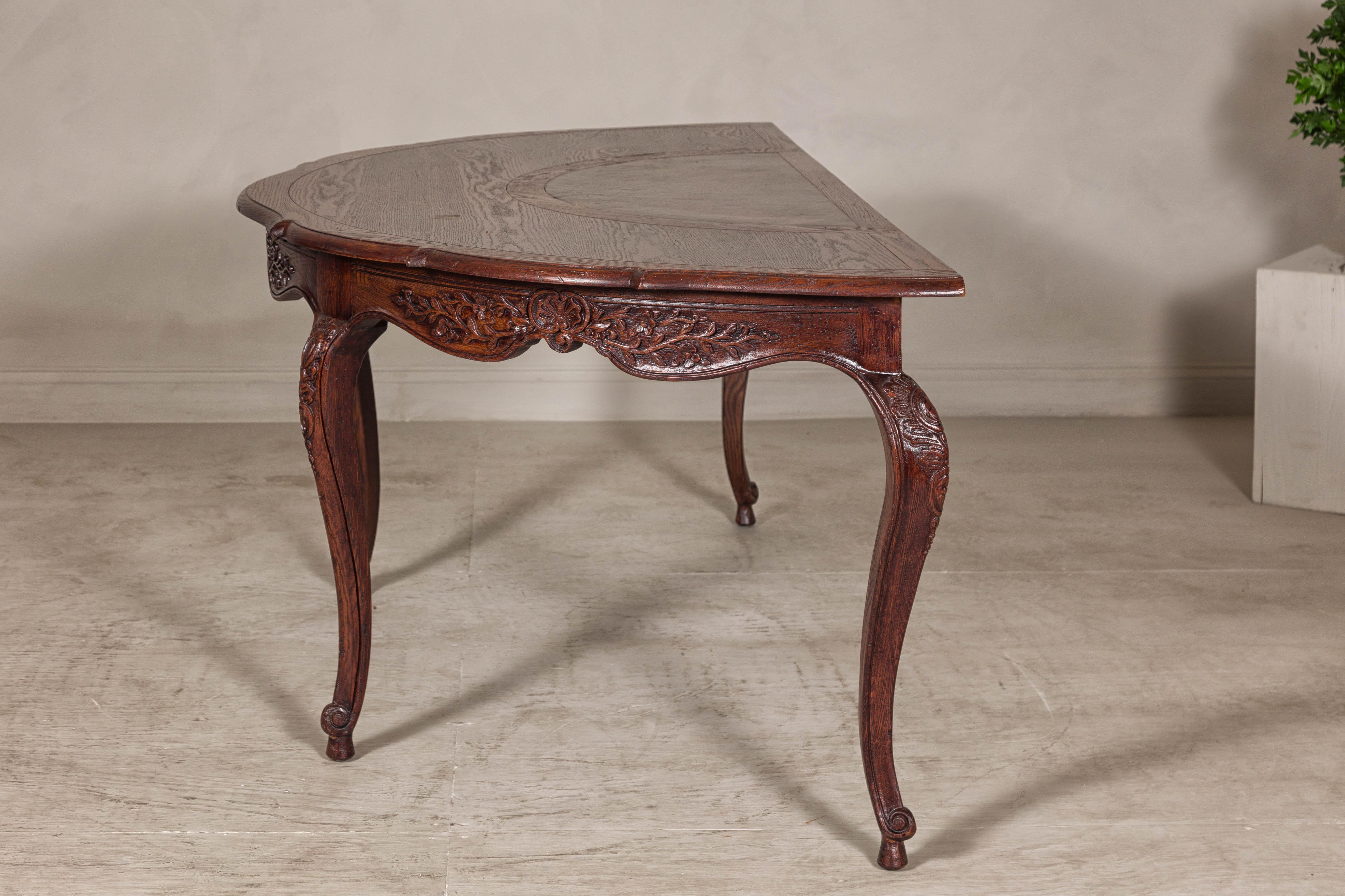 Louis XV-Style Demi-Lune Desk with Carved Legs, Leather Top and Hidden Drawers For Sale 9