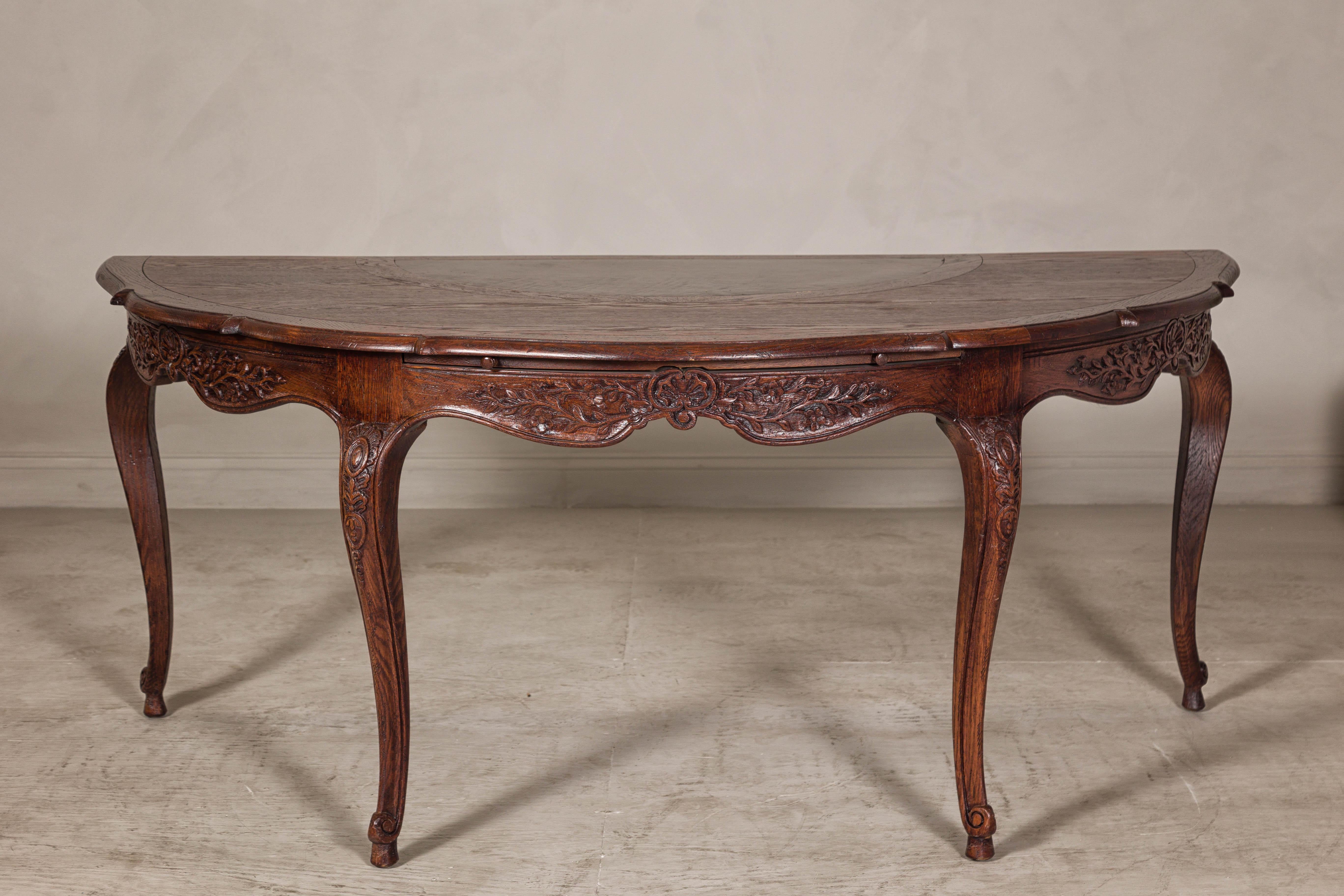 Indonesian Louis XV-Style Demi-Lune Desk with Carved Legs, Leather Top and Hidden Drawers For Sale