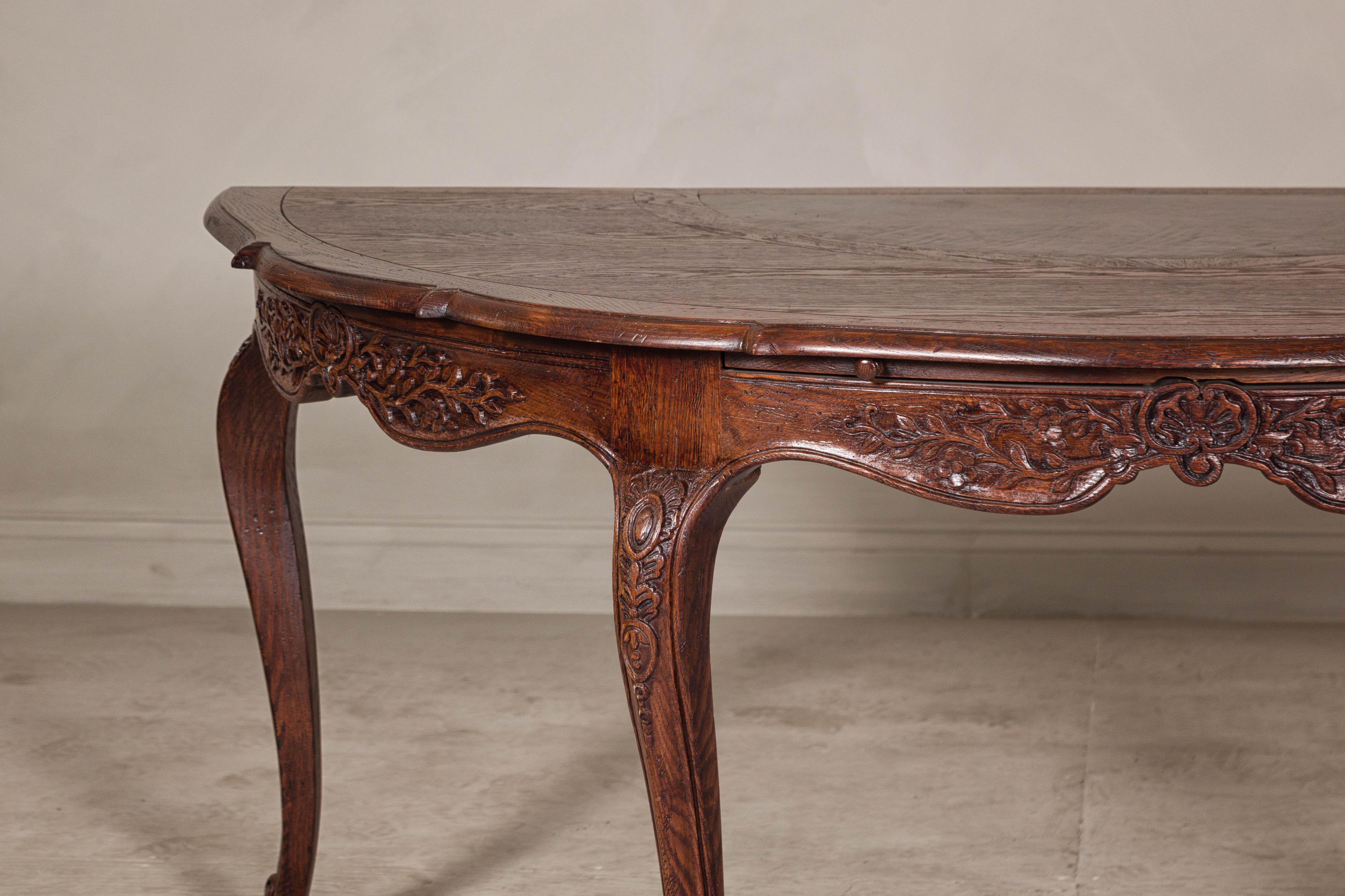 Louis XV-Style Demi-Lune Desk with Carved Legs, Leather Top and Hidden Drawers In Good Condition For Sale In Yonkers, NY