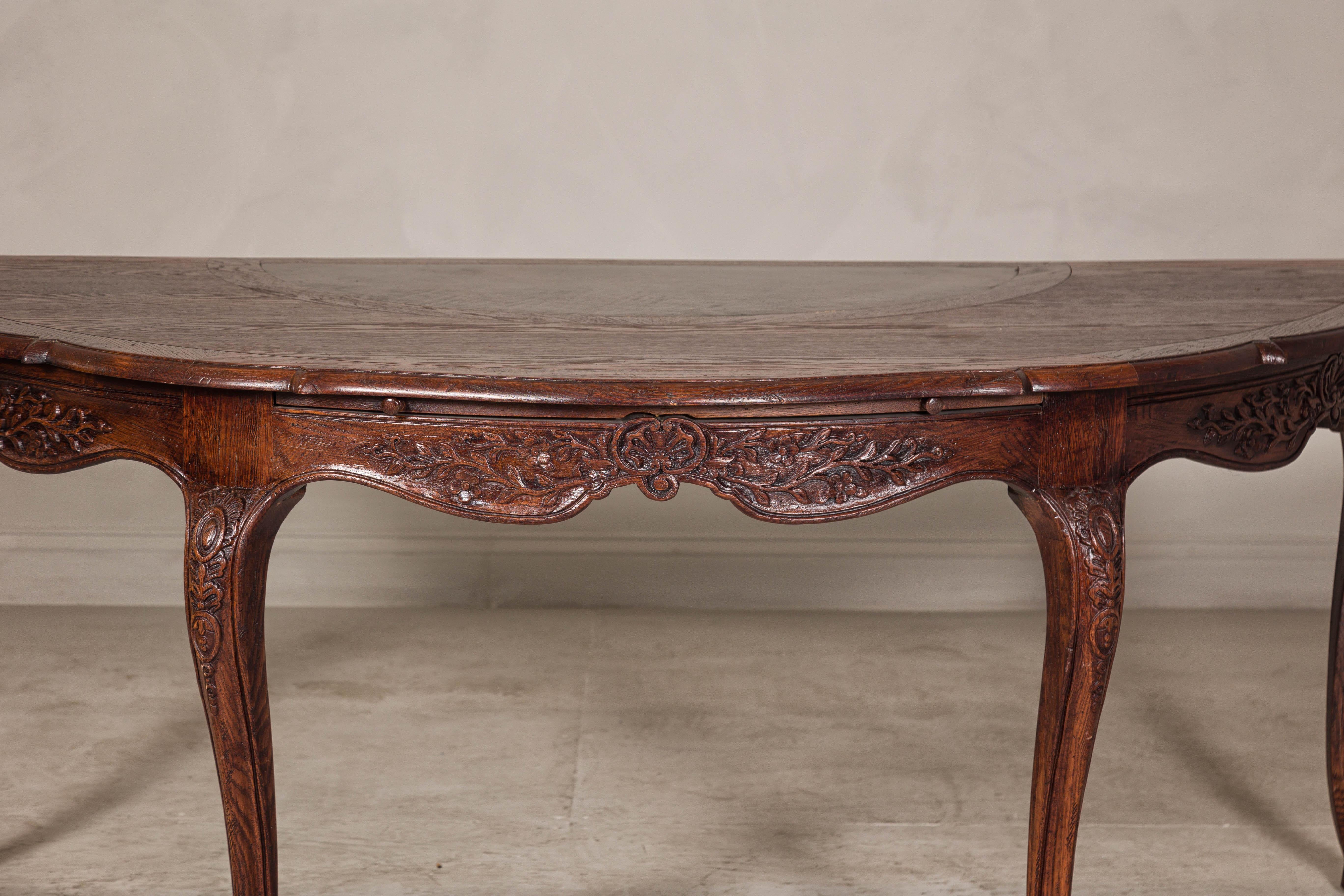 19th Century Louis XV-Style Demi-Lune Desk with Carved Legs, Leather Top and Hidden Drawers For Sale