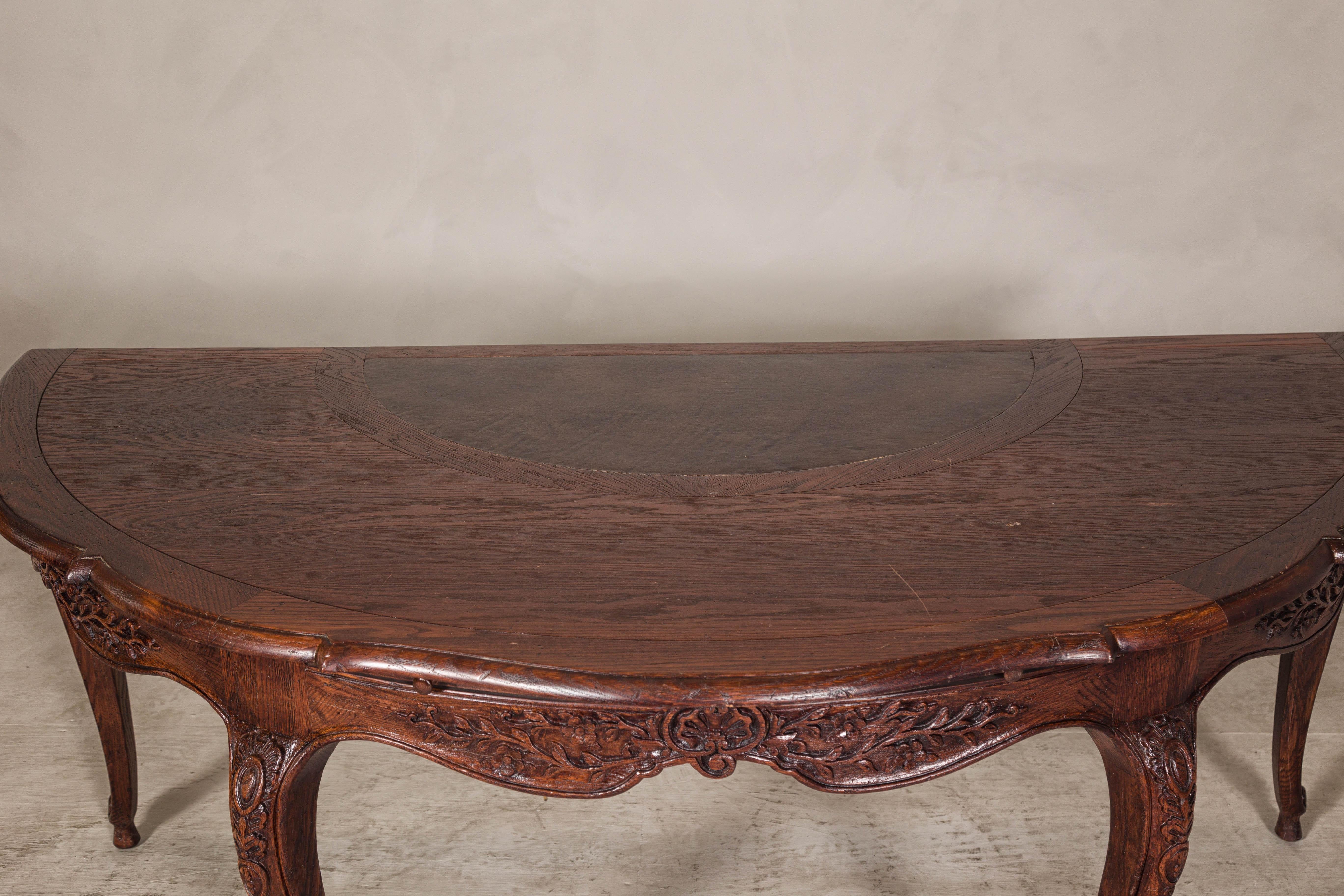 Louis XV-Style Demi-Lune Desk with Carved Legs, Leather Top and Hidden Drawers For Sale 2