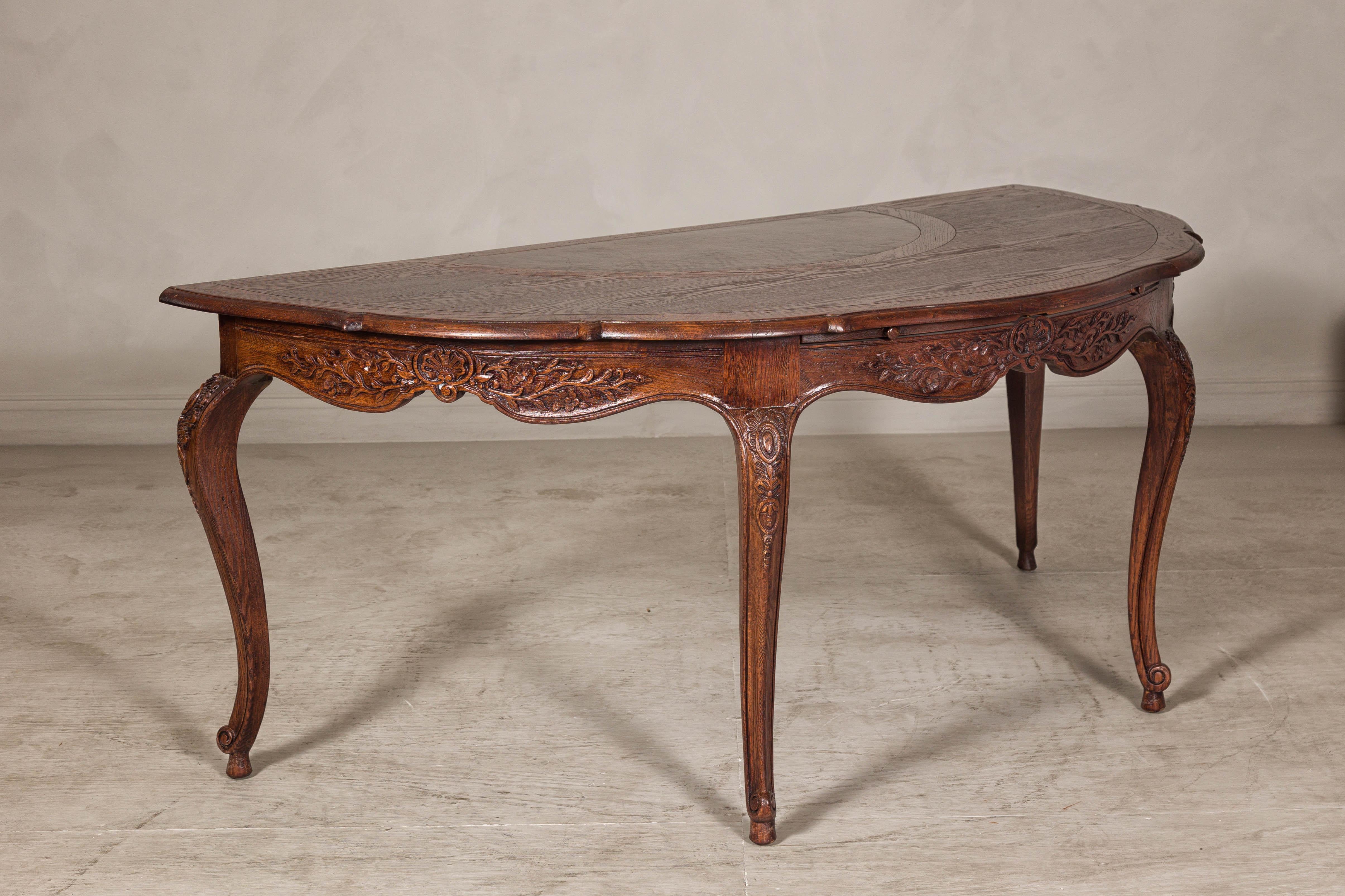 Louis XV-Style Demi-Lune Desk with Carved Legs, Leather Top and Hidden Drawers For Sale 3