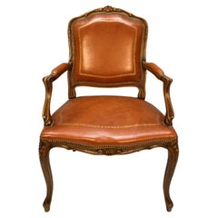 Louis XV Style Desk Chair In Burnt Orange Leather